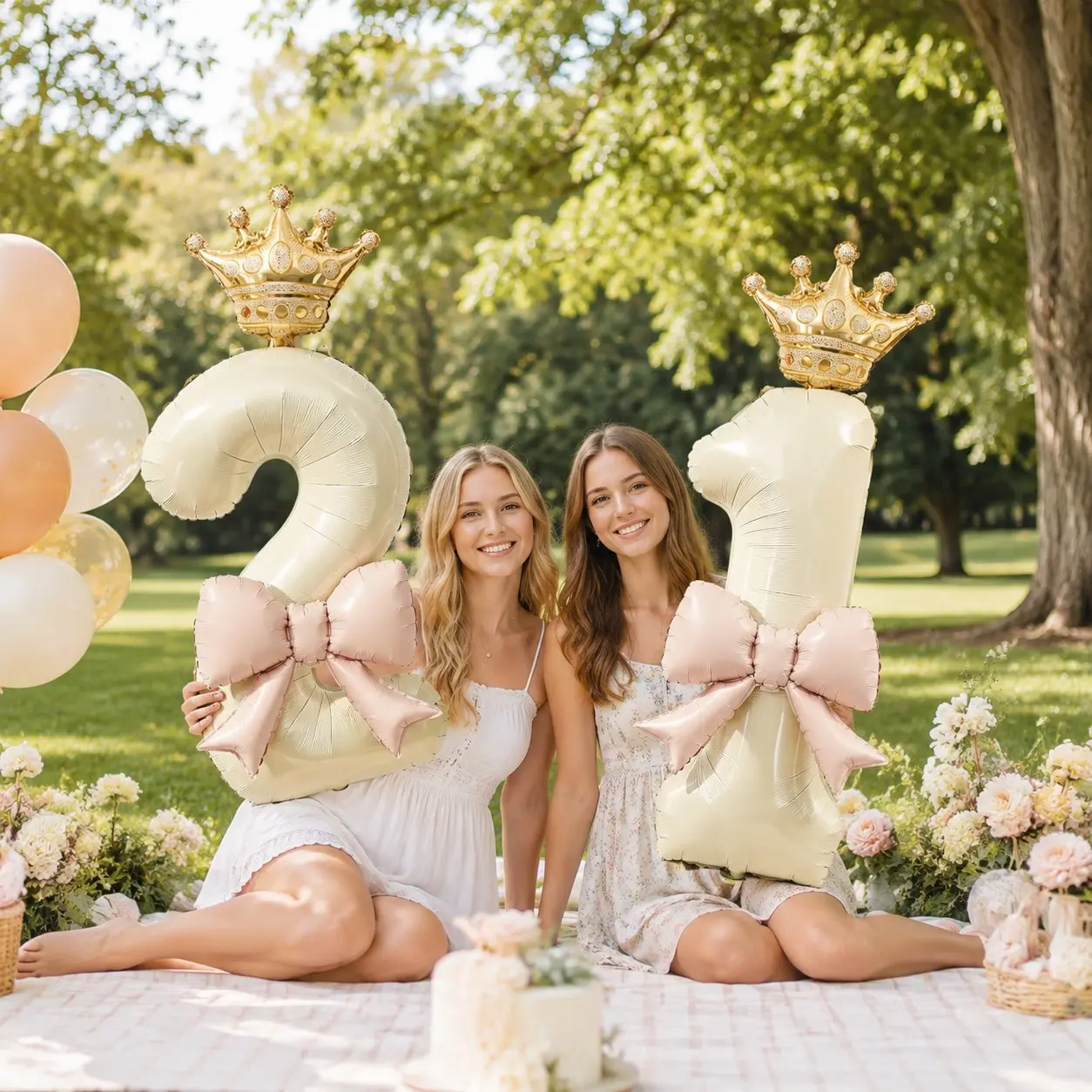 21st Legal Birthday Cream Number Balloons with Gold Crown Bow Elegant Women Drinking Age Party Decorations