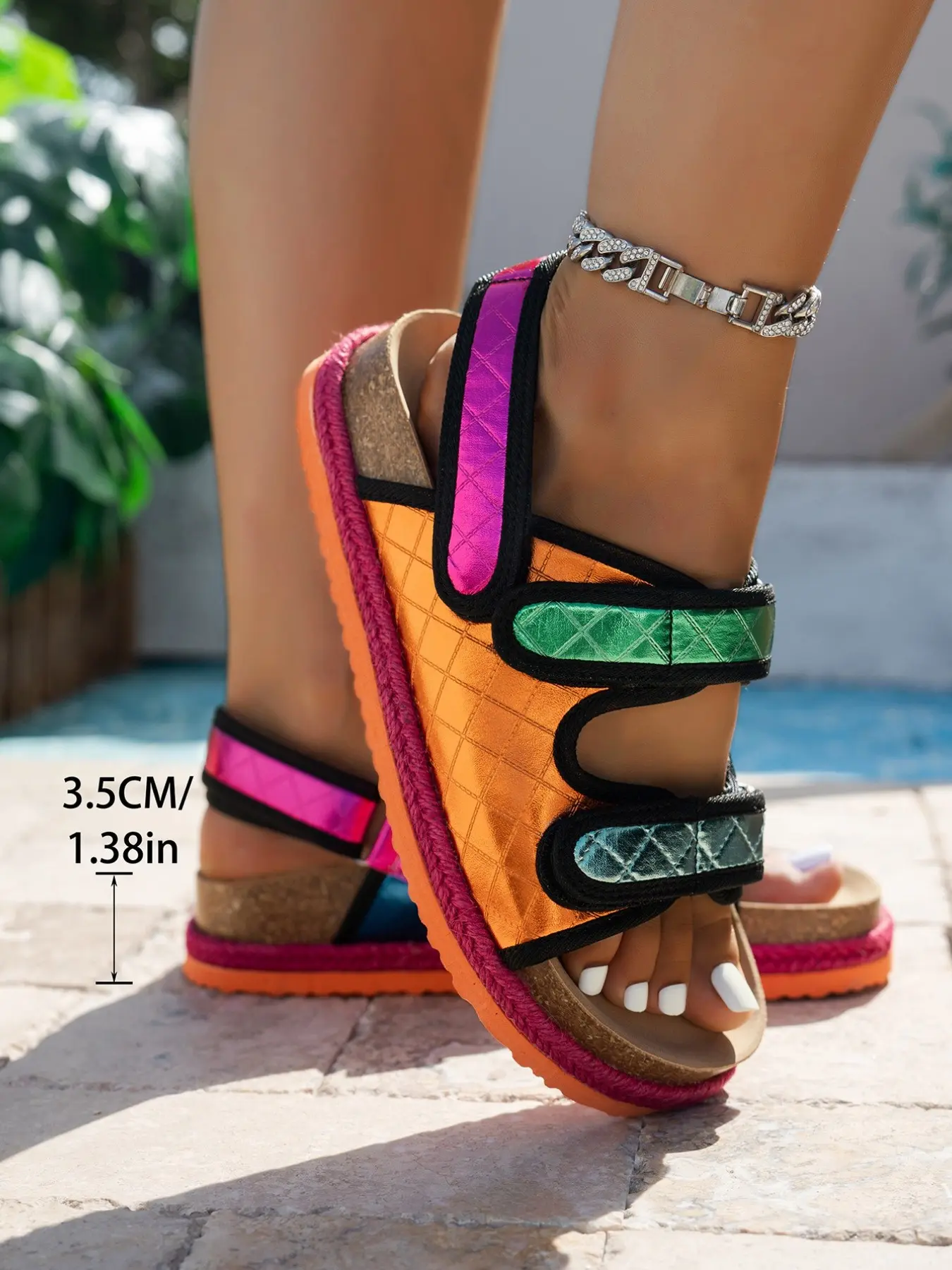 Rainbow Color Block Thick Sole Sandals for Women, New Fashion Metal Texture Multi-Color Straps, Bohemian Style Beach Travel Shoes