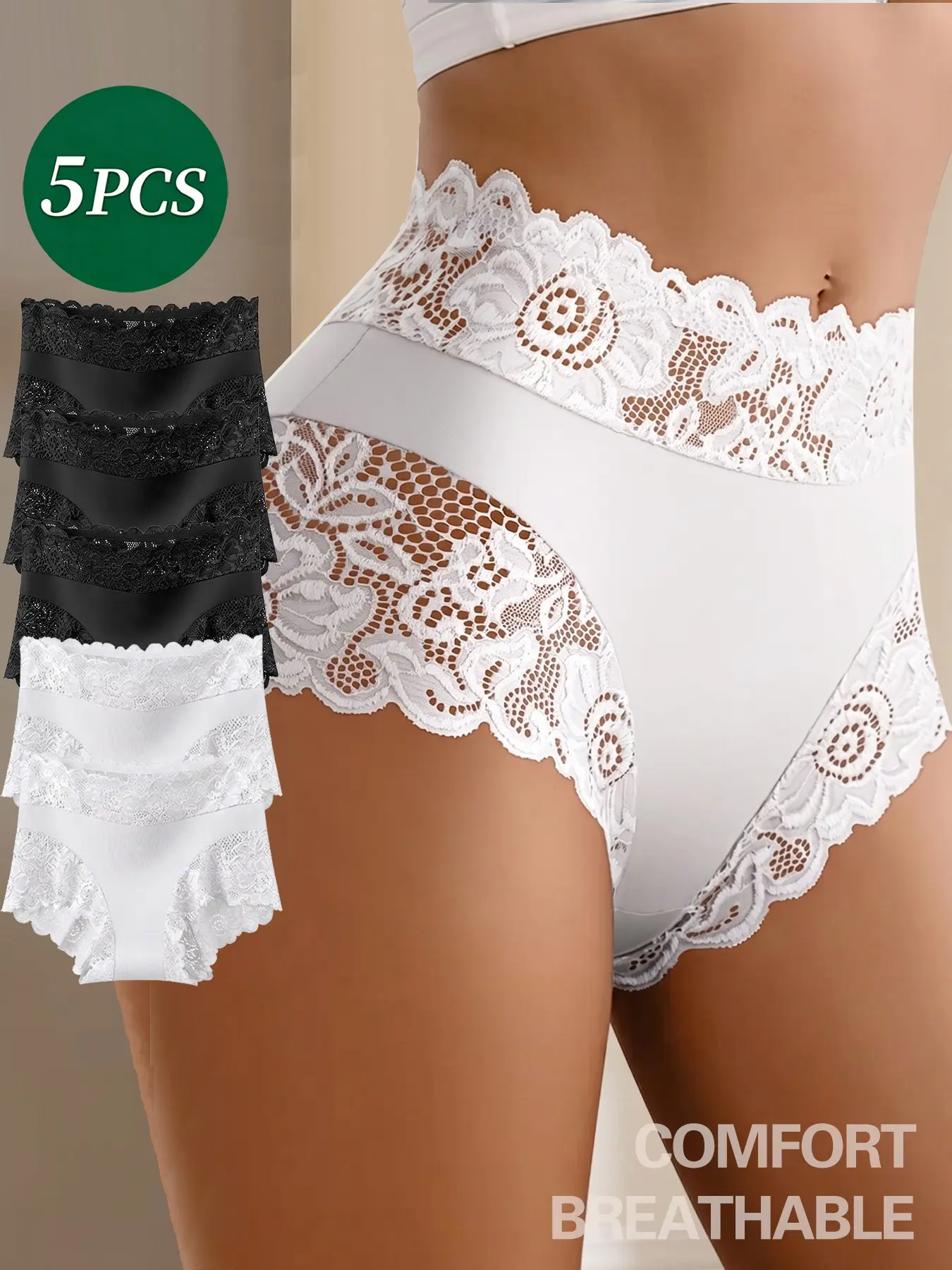 5pcs Women's Elegant Floral Lace Trim Briefs, High-Waisted Breathable Triangle Panties, Soft Non-Rolled Edges, All-Season Comfort