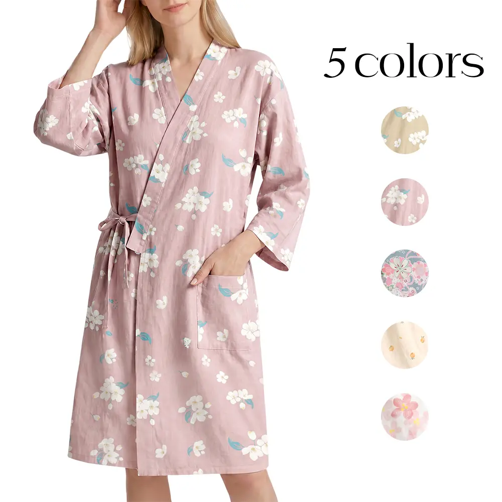 Arssm Cotton Robes for Women Kimono Gauze Bathrobe Sleepwear Yukata| Lightweight Cotton Bathrobe,Floral Sauna Loungewear,Cotton Muslin Robe,with Wrap Belt and Pockets