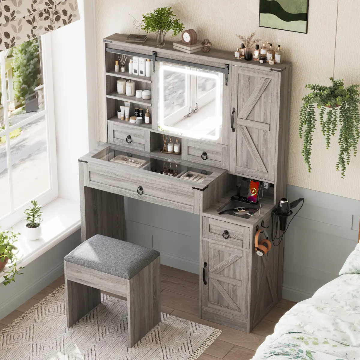 Aobtkel Farmhouse Compact Multifunctional Makeup Vanity Desk with Dual LED Mirror, Sliding Lights, Glass Top, Charging Station, 4 Drawers, 2 Cabinets, Side Hooks & Stool - Bedroom Decor, Dresser Organization Setup, Gray