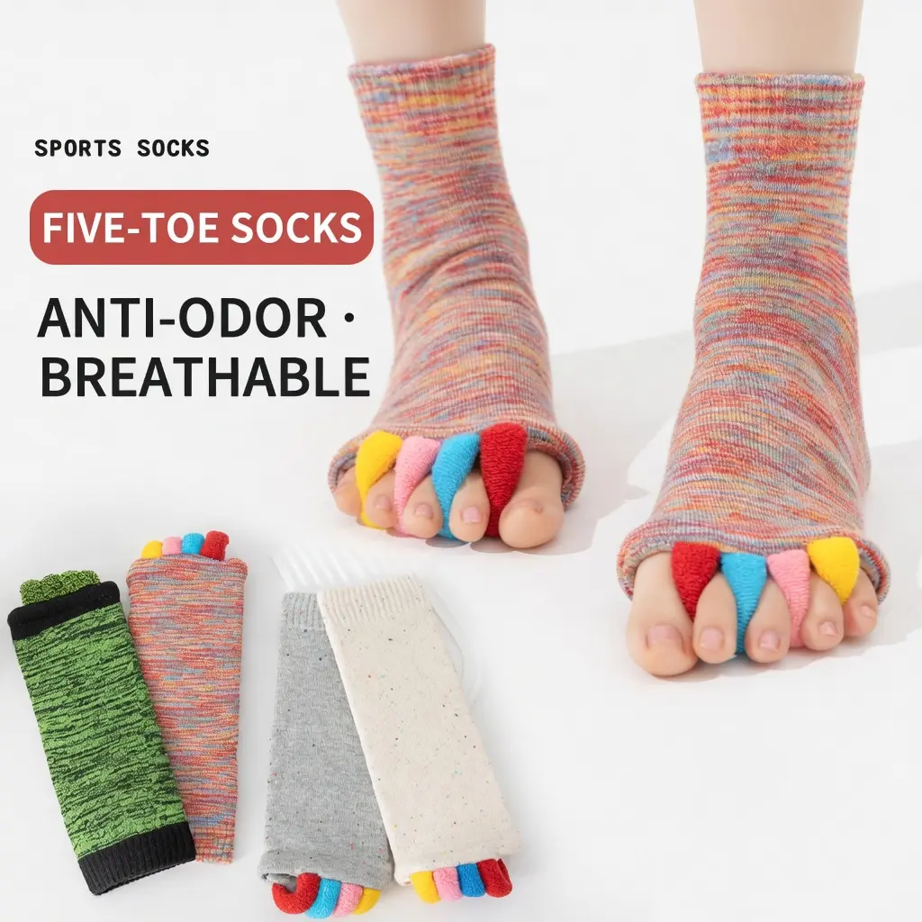 4PCS Women Colorful Separate Five Toe Crew Socks Breathable Anti Odor Anti Pilling Space Dye Mid Calf Split Toe Sports Socks for Yoga Pilates Running Daily Wear