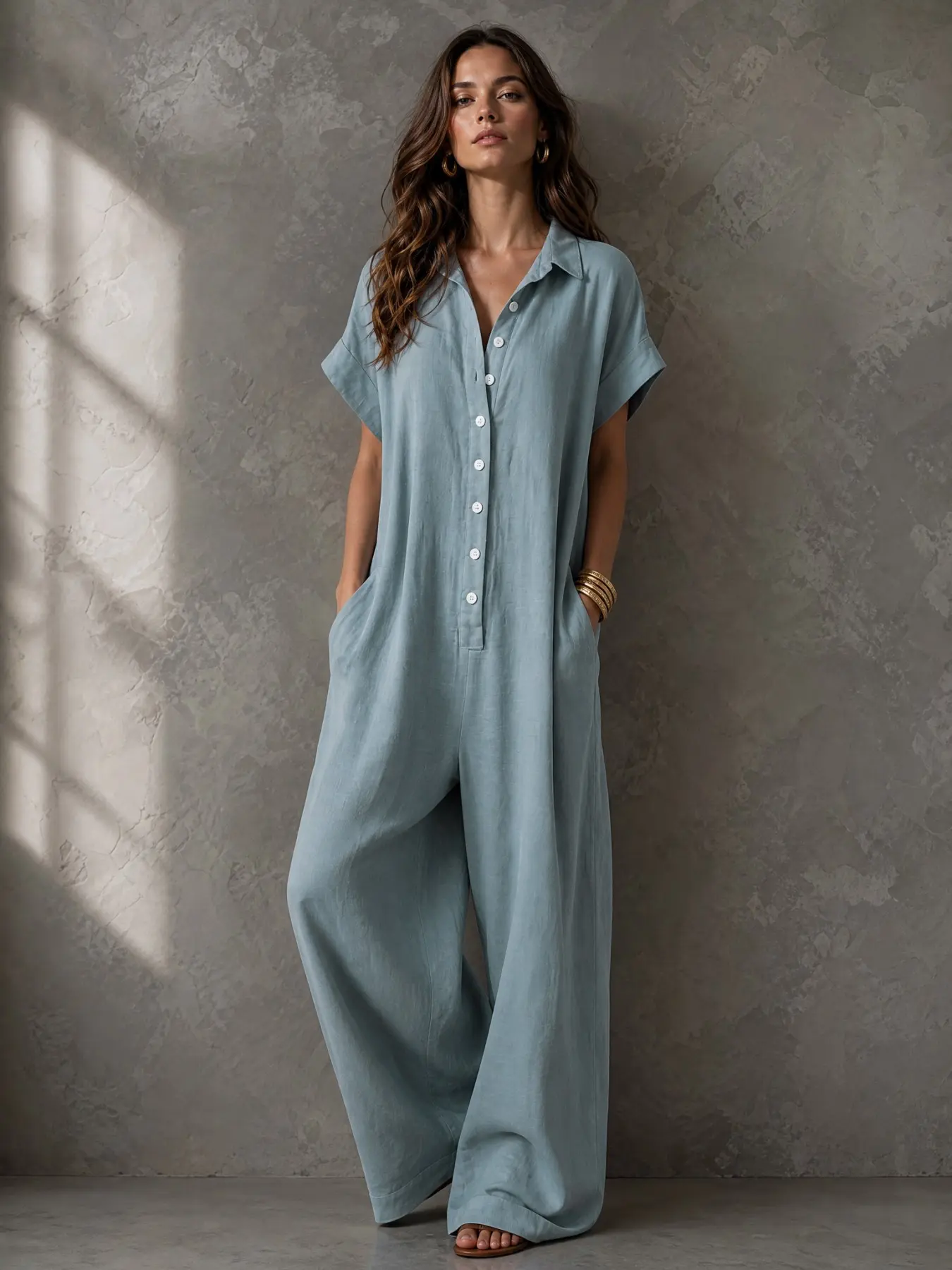 Women's Casual Loose-Fitting Button Jumpsuit, Summer Short Sleeve Collared Print Wide Leg Jumpsuit