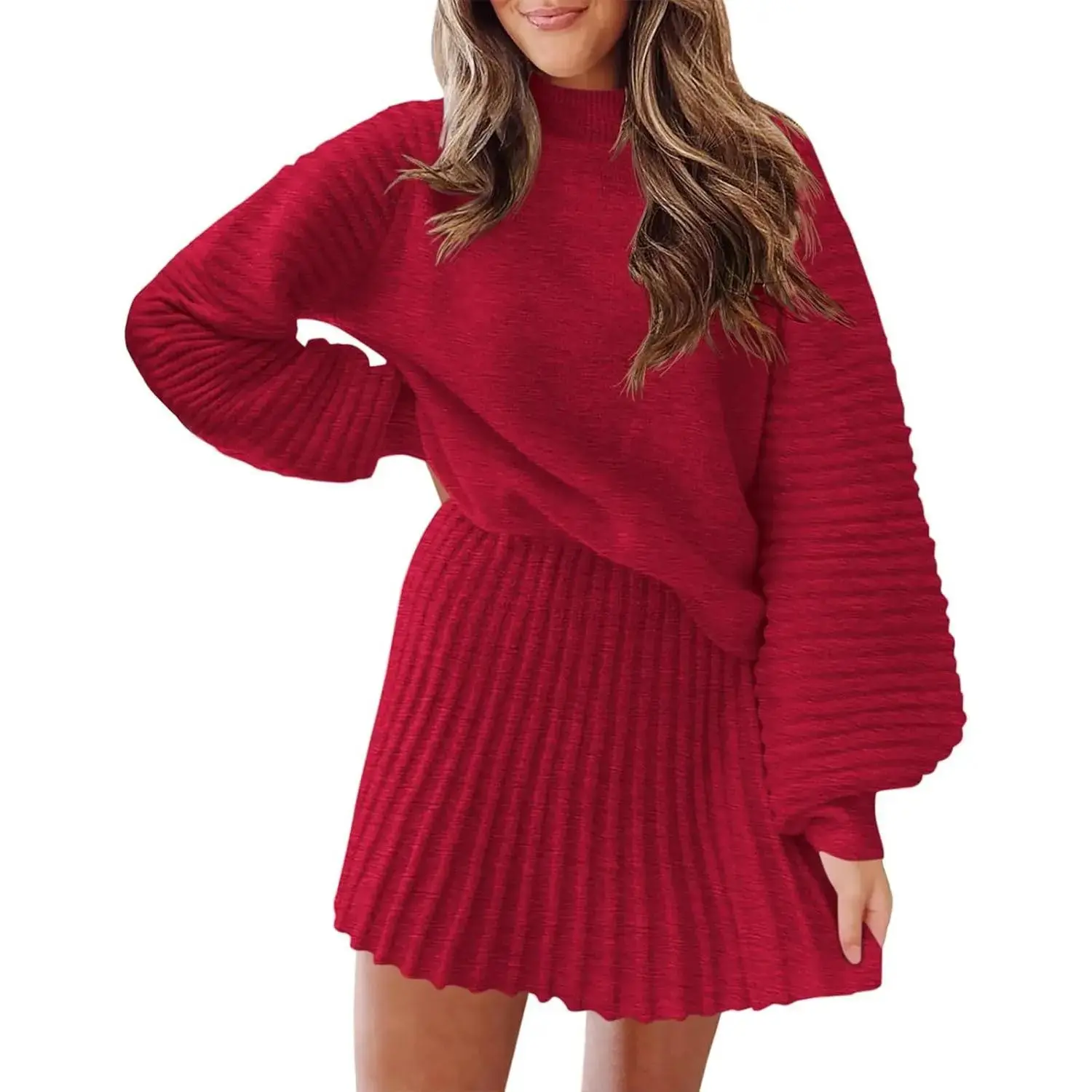 Women's 2 Piece Outfits 2026 Long Sleeve Mock Neck Ribbed Sweaters and Mini Skirt Two Piece Sets Casual Fall Winter Fashion
