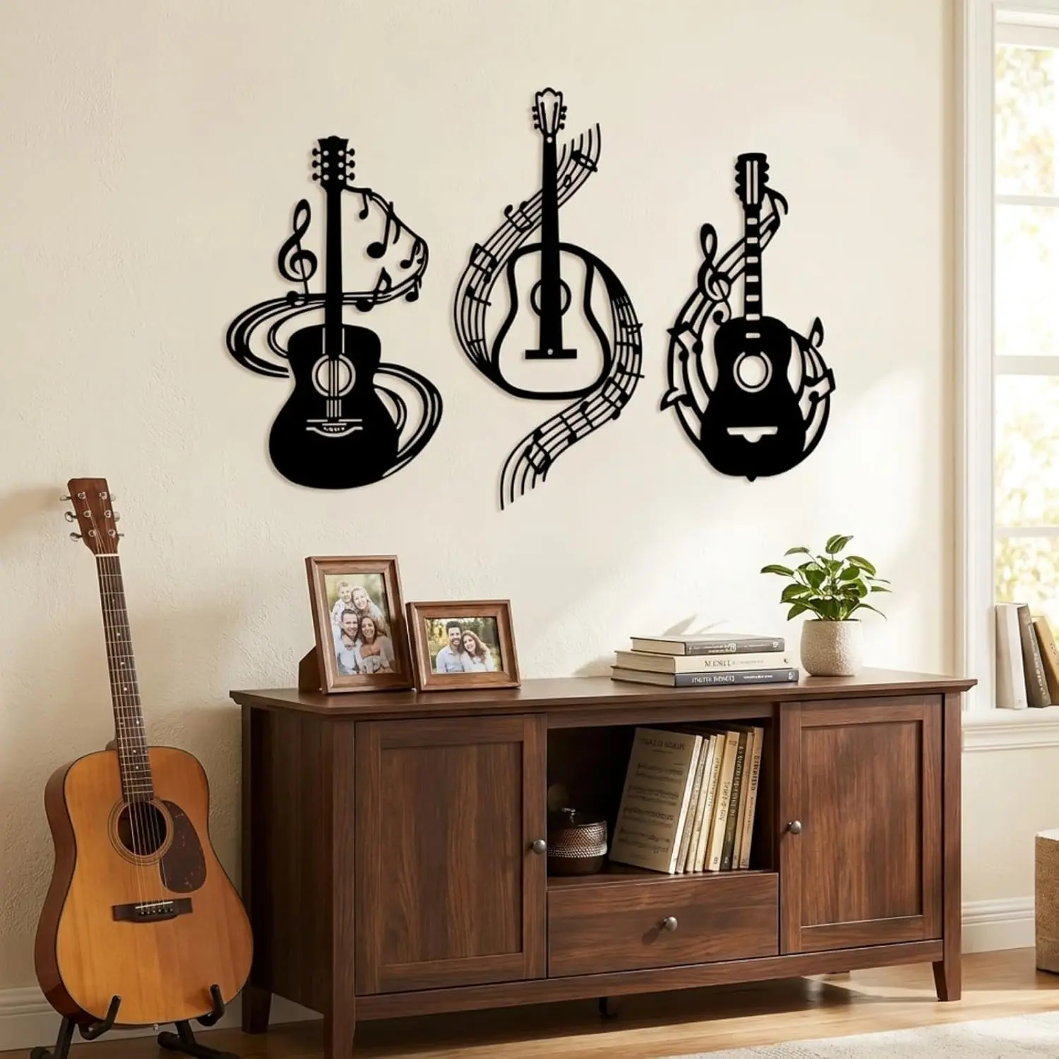 Yerliker 3 Pcs Metal Guitar Wall Art Decor Black Musical Note Wall Music Sign Hanging Decor Music Lover Gift for Home Living Room Bedroom Classroom Studio Birthday Party Decoration