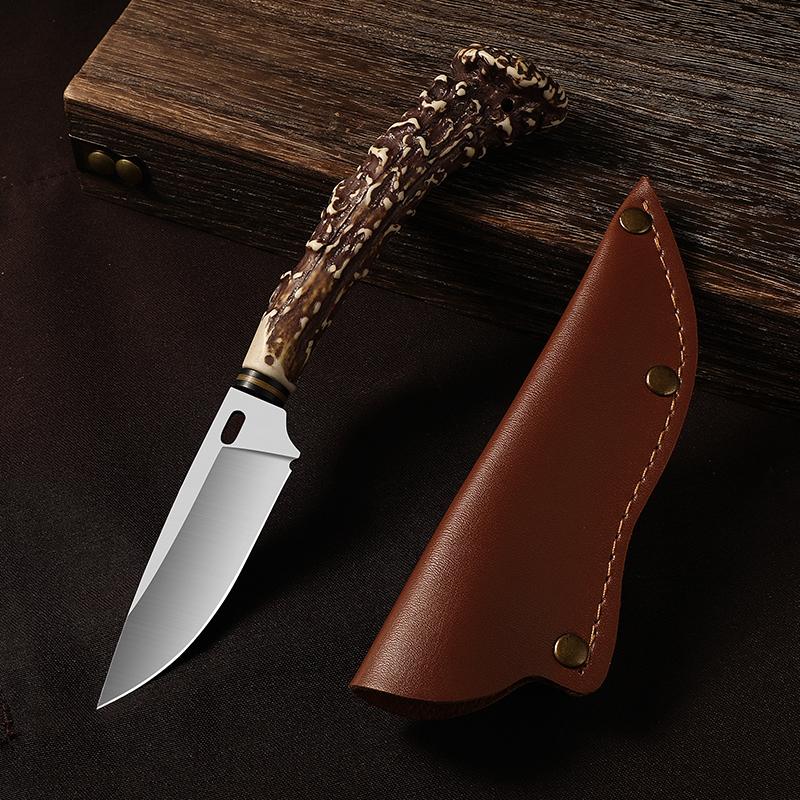 Multi-functional Knife with Angular Handle, Stainless Steel Damascus Pattern Meat Cutting Kitchen Knife, Sharp Fixed Blade Knife with Sheath, Good helper tool for Home Cooking and Outdoor Camping.