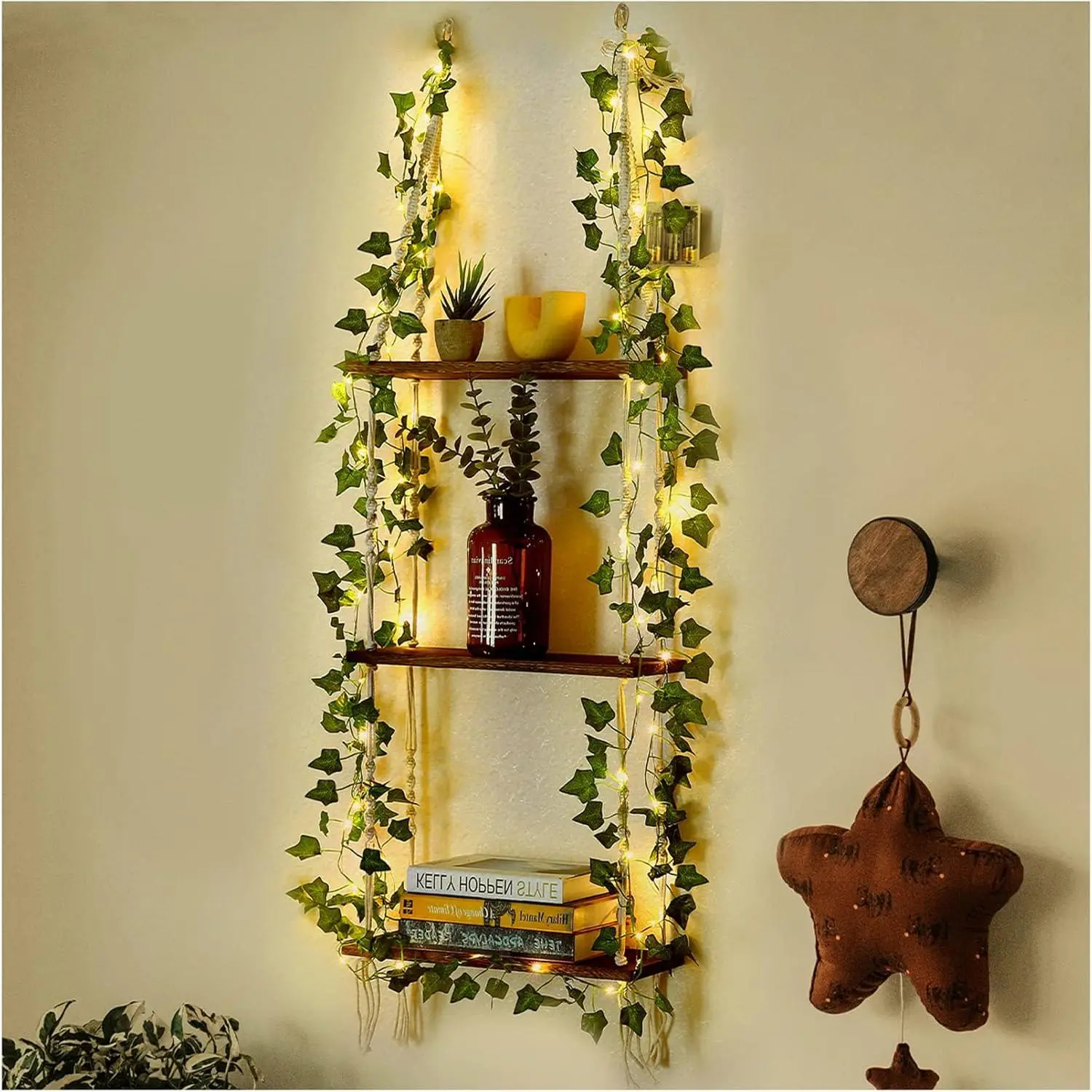 3-Tier Wood Macrame Hanging Shelf with Vine Lights - Handmade Woven Ropes, Shelves for Bedroom Boho Home Decor, Ideal for Succulents