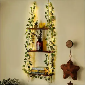 Hanging Shelf with Vine Lights, 3 Tier Macrame Plant Wall Shelf with Handmade Woven Ropes for Succulents, Bedroom, Living Room, Bathroom & Boho Room Decor