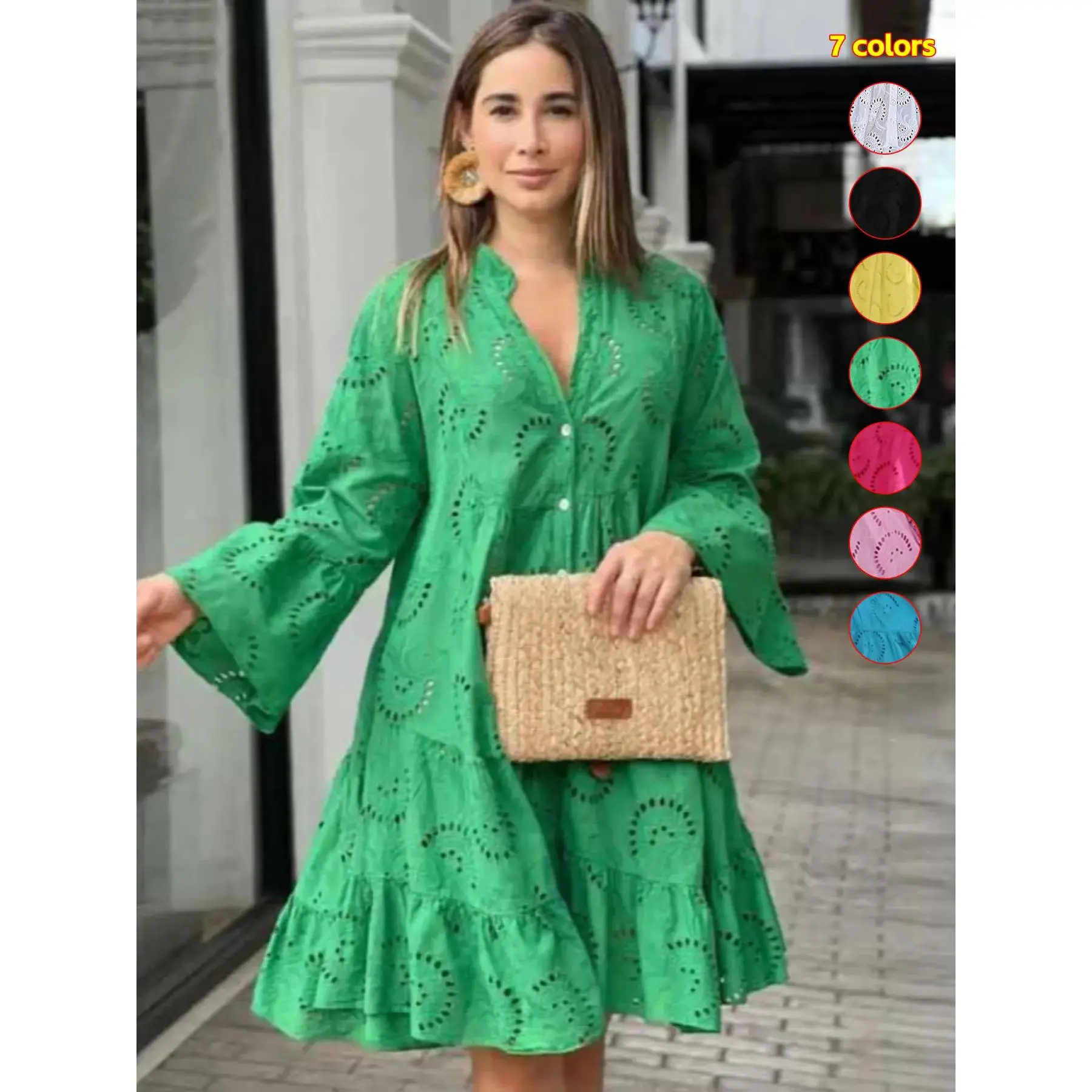 Women's Plain Eyelet Embroidery Notched Neck Long Sleeve Smock Dress, Elegant Chic Flounce Sleeve Button Dress for Vacation Holiday Summer, Women's Clothes for All Seasons, Casual Wear