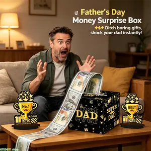 Surprise Gift Box, Father’s Day Money Pull Out Box, Unique Cash Roll Surprise Container With No 1 Dad Trophy Table Decor, Reusable Black Gold Printed Money Draw Box For Dad, Interactive Gift Set For Home Family Gathering, Holiday Gifting And Birthday Pres