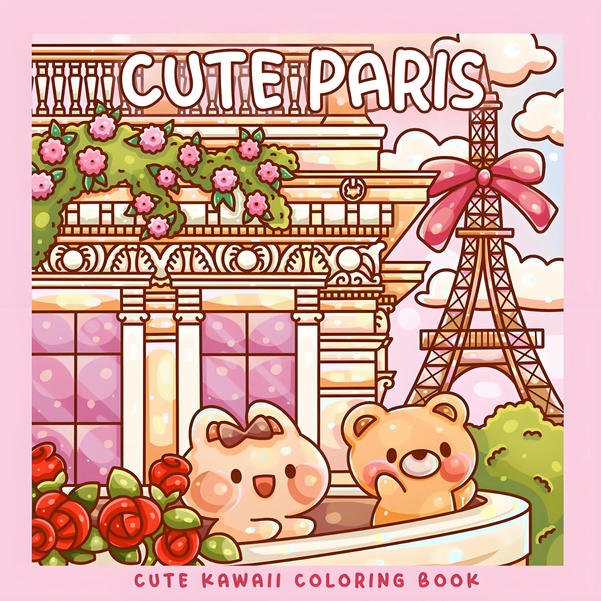 Cute Paris Kawaii Coloring Book, Adorable Bear & Cat Paris Eiffel Tower Scenes, Bold Easy Thick Lines Adult Coloring Pages, Viral ASMR Stress Relief Self Care Hobby Gift for Beginners,Back-to-school gifts