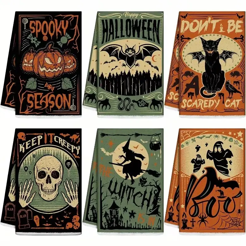 2/6pcs Halloween kitchen towels, ghost cat and bat dish towels, festive tea towels, bath decoration towels, bathroom towels, suitable for holidays, parties, gatherings, birthdays, weddings, gifts, presents, dinners, outdoor activities, picnics, etc.
