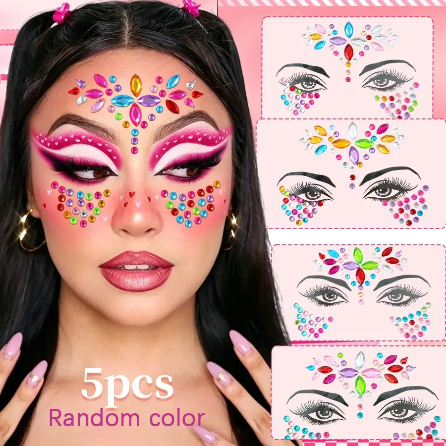 5Pcs Random Colorful Dot & Teardrop Face Rhinestone Stickers Set, Forehead Gem Decals for Music Festival & Rave, Sparkly Crystal Eye & Face Makeup Decor for Stage Party, Temporary Tattoos