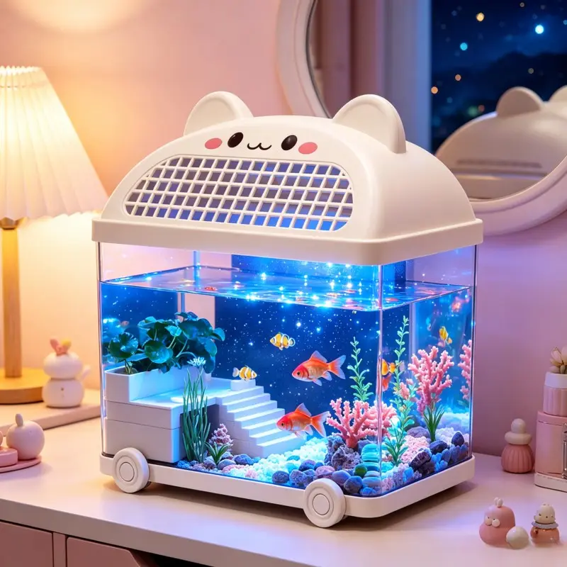 Cute Cat-Shaped Fish Tank with Wheels, Transparent Mini Aquarium for Home Office Decor, Easy Clean Eco-Friendly Fish Habitat, Beginner Aquarium