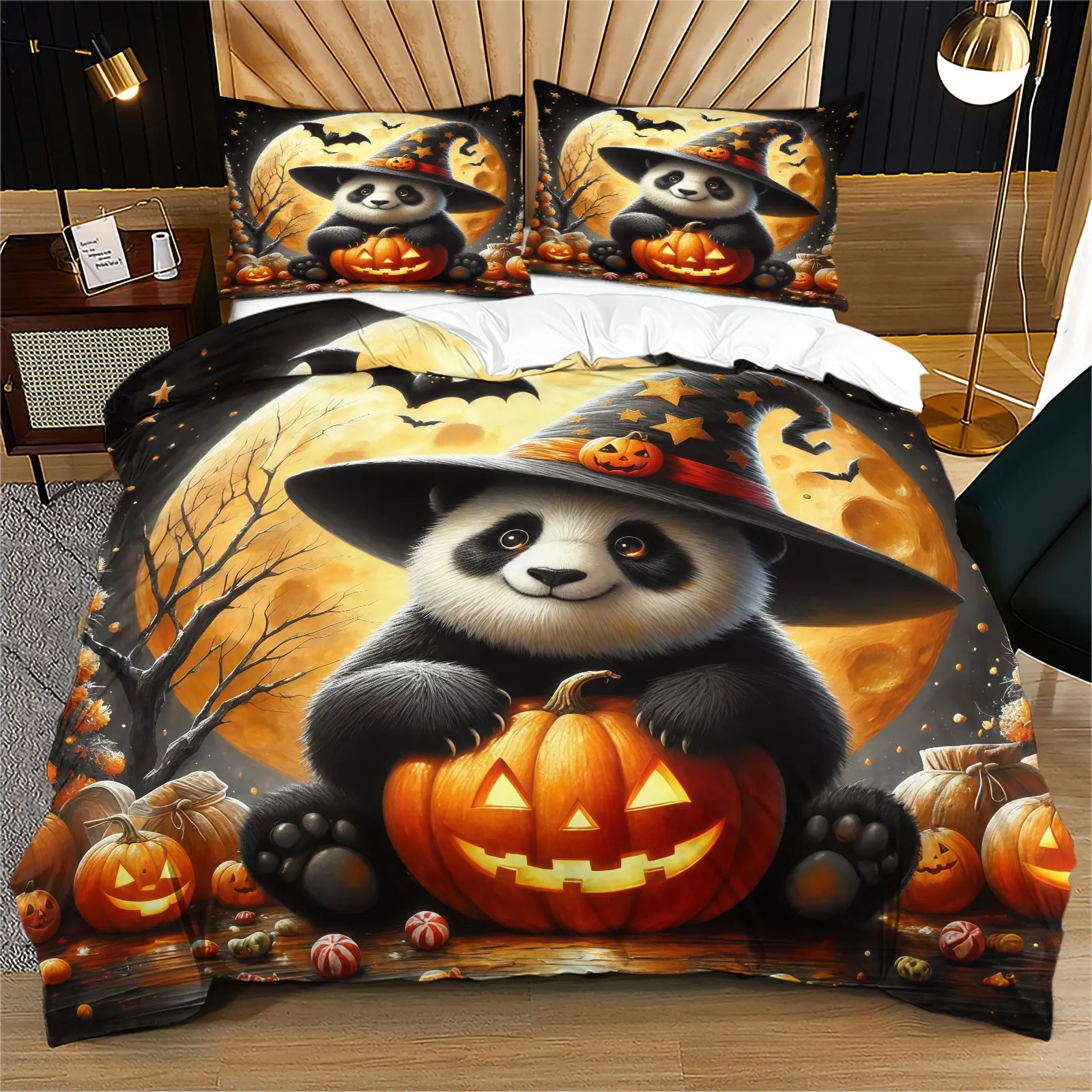 Panda Pumpkin Pattern Quilt Cover Set, Halloween Bedding Set, Including 1 Quilt Cover And 1 Or 2 Pillowcases (Without Filling), Suitable For Teenagers And Adults, Bedroom, Apartment, Dormitory Scene
