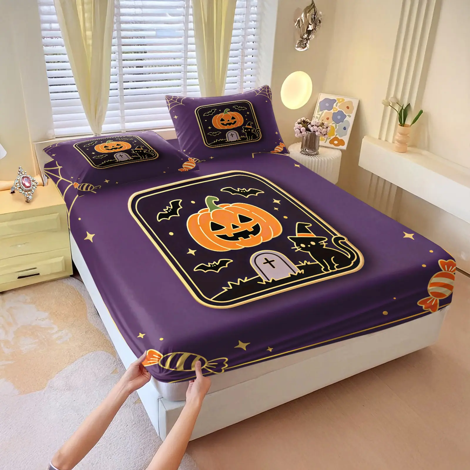 3Pcs Halloween Fitted Sheet Set, Ghost Pumpkin Full Print, Elastic Wrap Stable Mattress Cover
