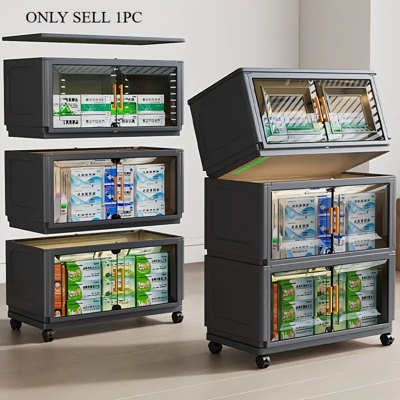 Convenient foldable medicine cabinet with lid, multi-layer stackable medicine box storage cabinet with wheels, multifunctional modular sorting system/foldable storage box with transparent door, suitable for home, office, dormitory sorting and storage