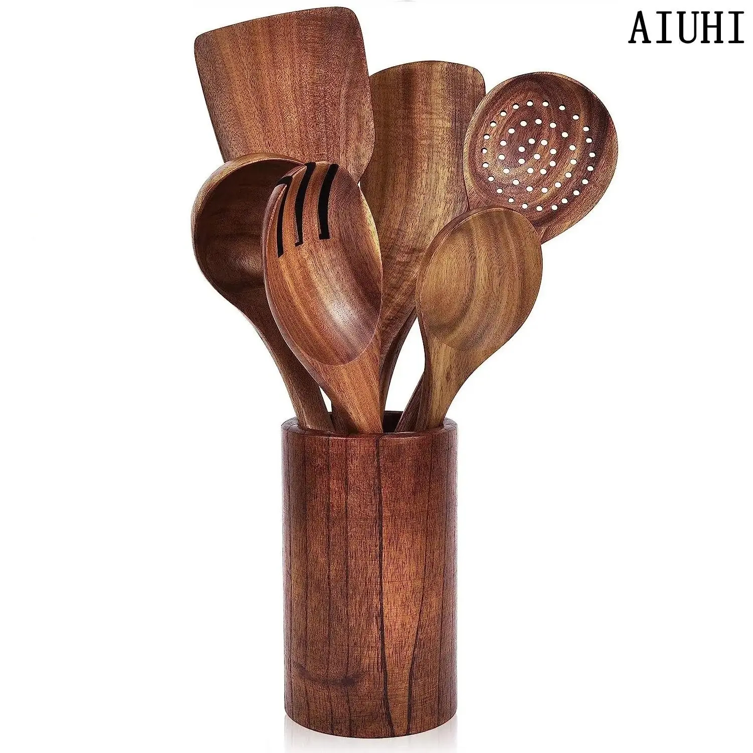 Wooden Utensil Set, 7 Counts/set Kitchenware Utensils, Kitchen Cooking Utensils with Storage Bucket, Kitchen Supplies, Kitchen Cooking Accessories for Home Use, Hand Tools, Spoons Set, Cookware