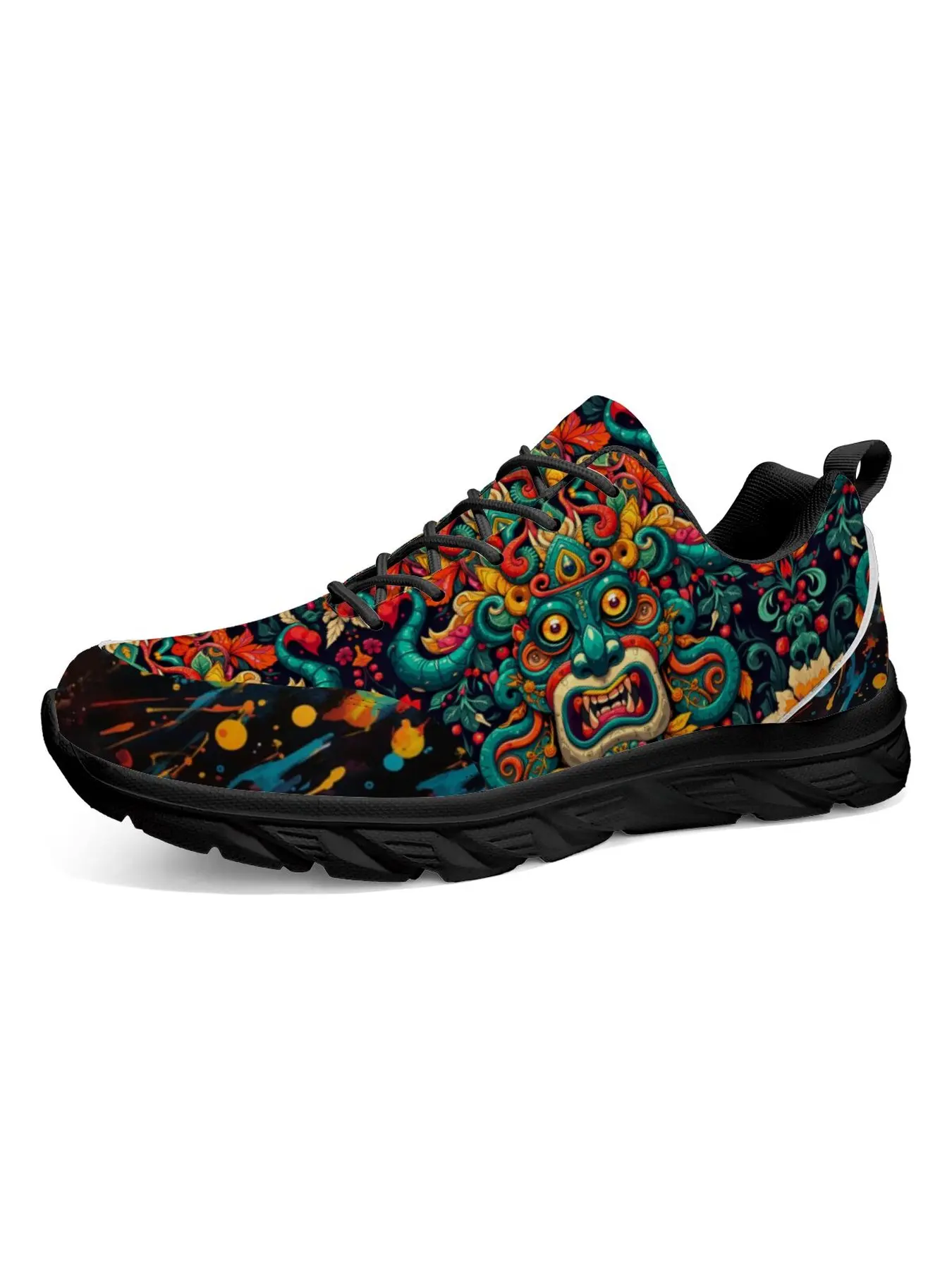 Vibrant Tribal Folk Demon Mask Graphic Sneakers, Mexican Day of The Dead Colorful Totem Floral Print Shock Absorbing Breathable Mesh Blade Shoes Street Casual Walking Trainers Unisex