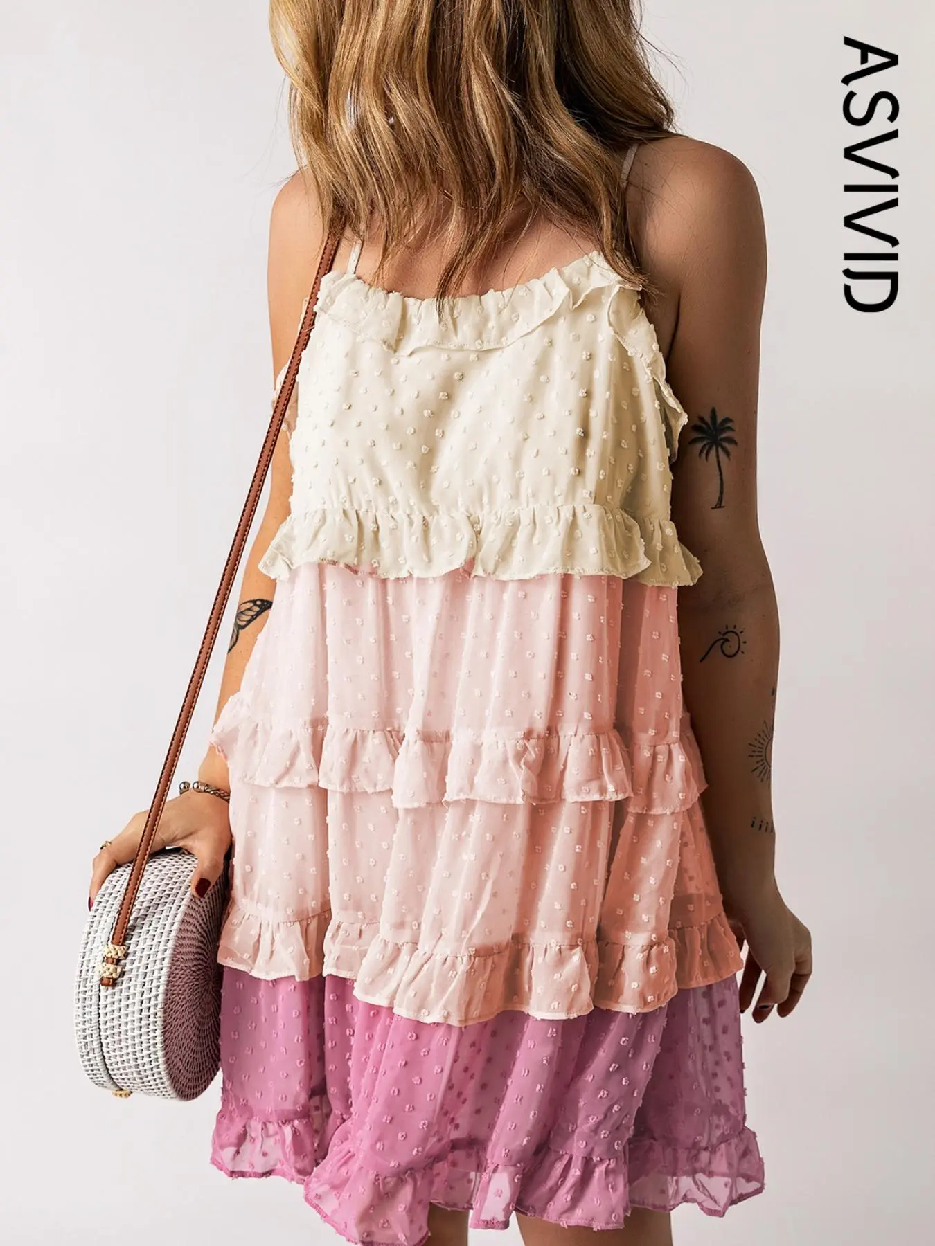 Women's Colorblock Swiss Dot Ruffled Trim Tie Back Cami Dress, Boho Fashion Cute Elegant Casual Spaghetti Strap Sleeveless Backless Short Dress for Summer Beach Holiday Vacation, Boho Casual Comfy Bohemian Casual Dress