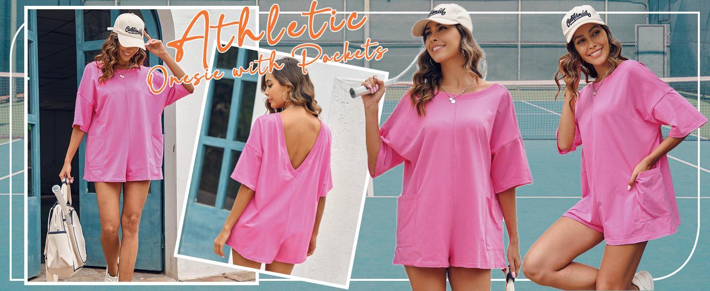Imily Bela Rompers for Women 2024 Summer Athletic Oversized Romper Short Sleeve Jumpsuit with Pocket
