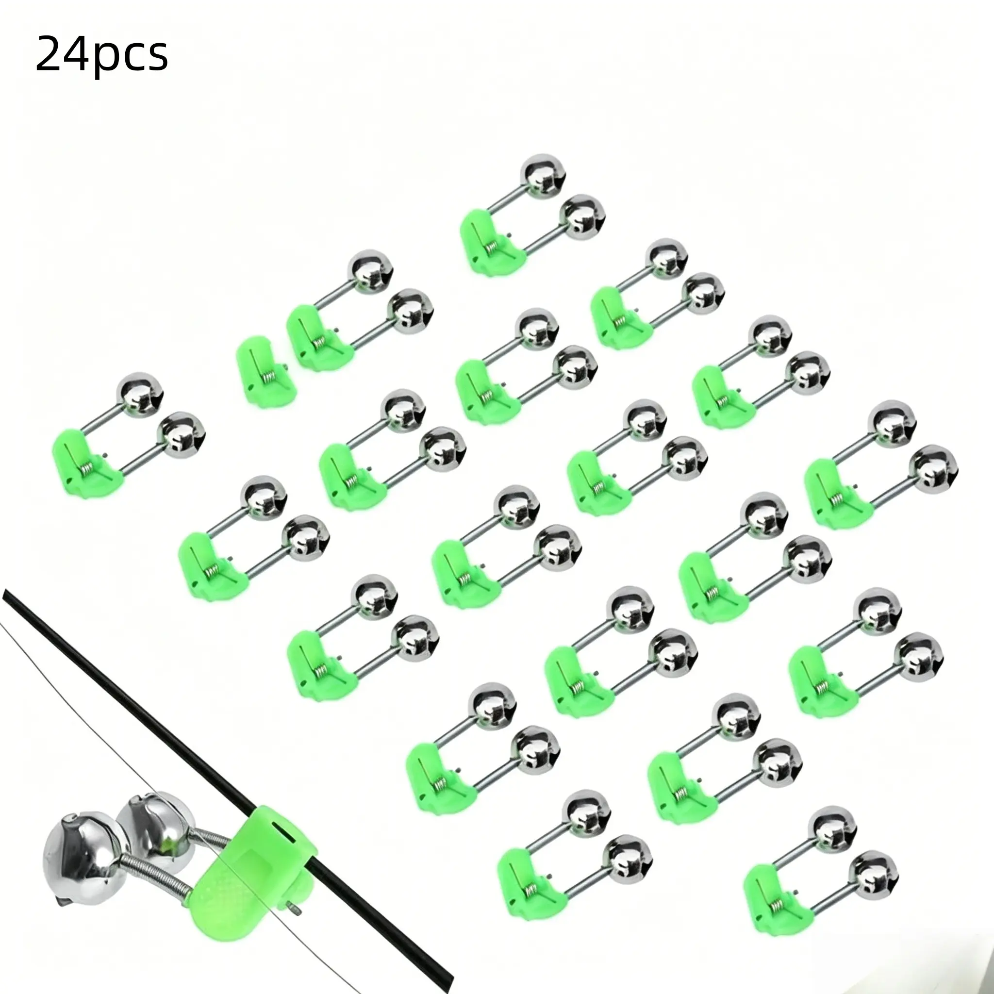 24-piece set of fishing float bells |     Durable plastic clip-on fishing rod alert device with dual metal bells, strong clamp for secure attachment, portable outdoor fishing accessory, practical alert tool for anglers, no packaging box