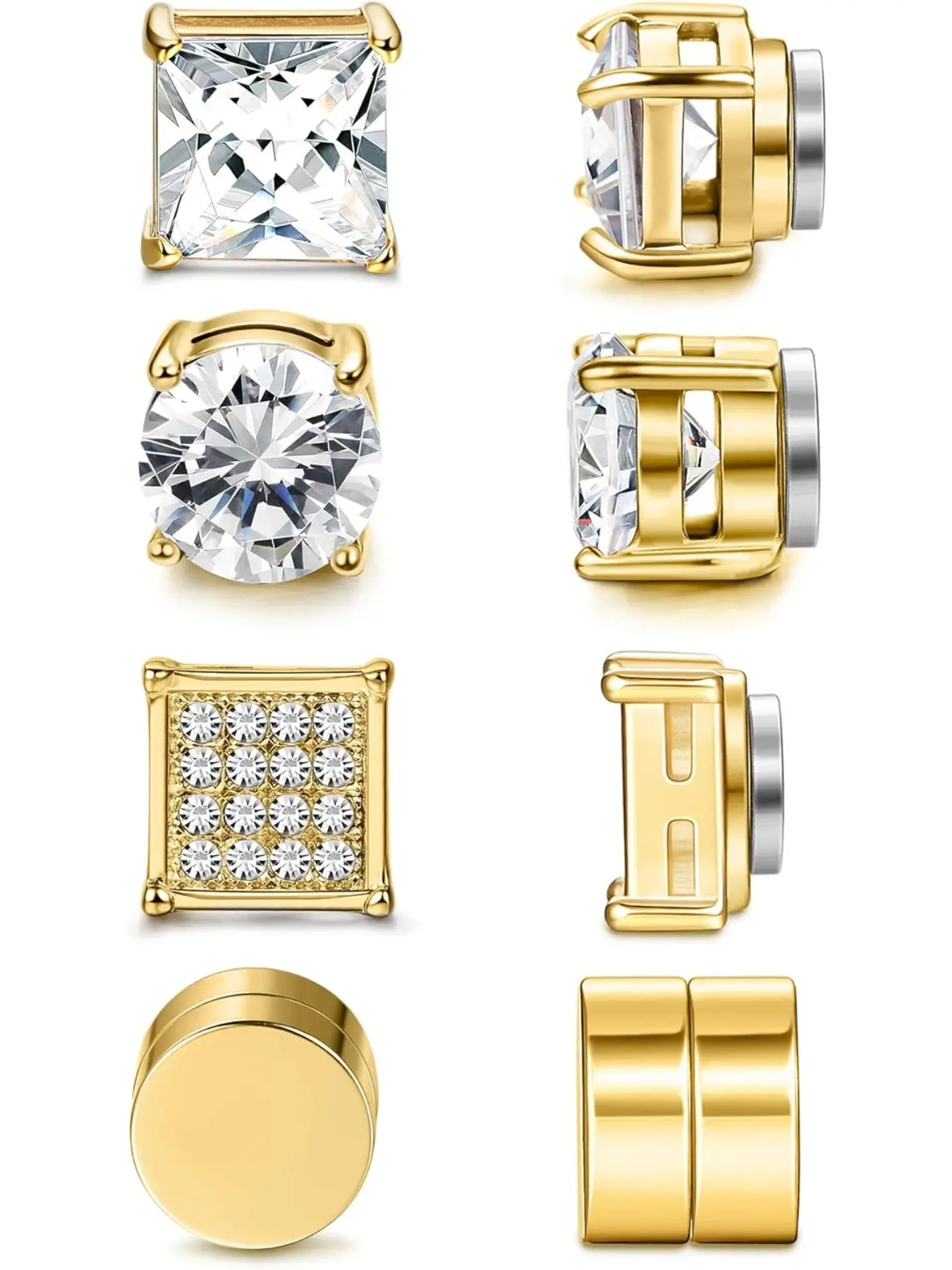 4 Pairs Stainless Steel Magnetic Stud Earrings for Men Women Gold CZ Non-Piercing Clip On Stud Earrings Set 7-8MM Jewellery