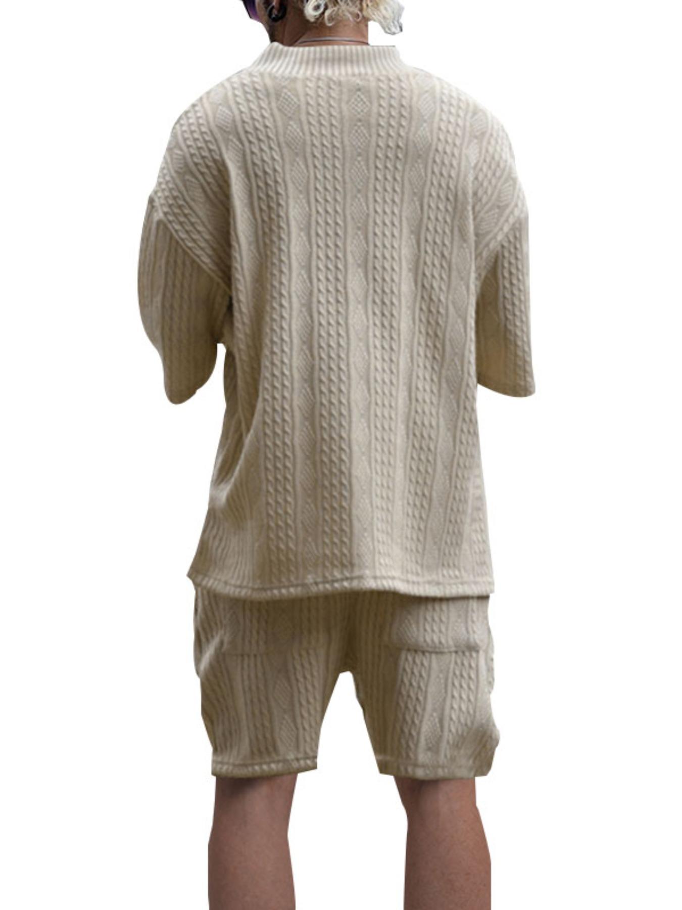 Men's Solid Drop Shoulder Knit Top & Shorts Two-Piece Set, Loose Casual Fashion Cozy Breathable Short Sleeve T-shirt & Shorts for Daily Outdoor Wear, Menswear for Summer, Clothing