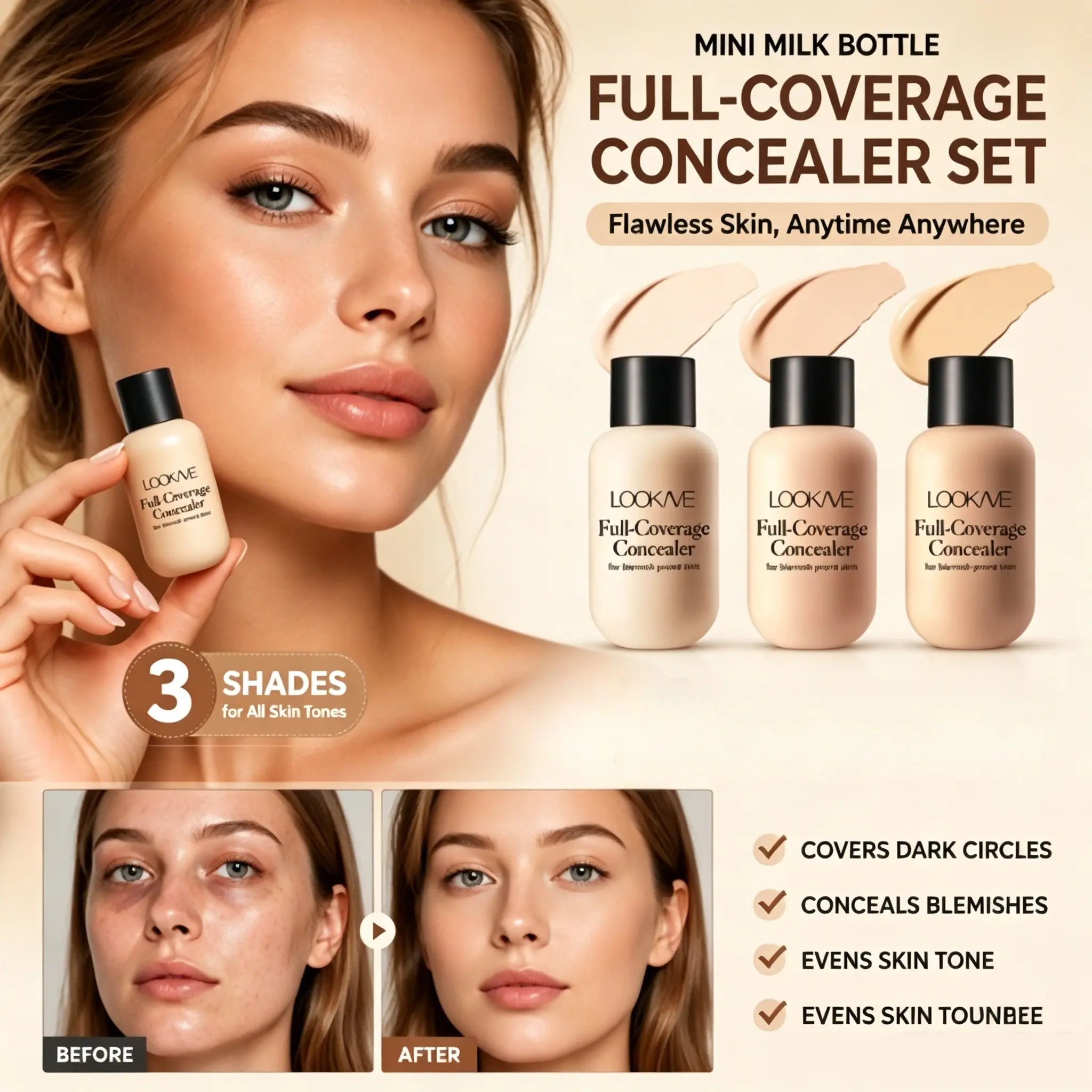 New 3-Color Mini Bottle Concealer Set, Concealer And Foundation, dual-use foundation & concealer, covers acne marks dark circles, blurs blemishes, long lasting no caking, perfect for blemished skin