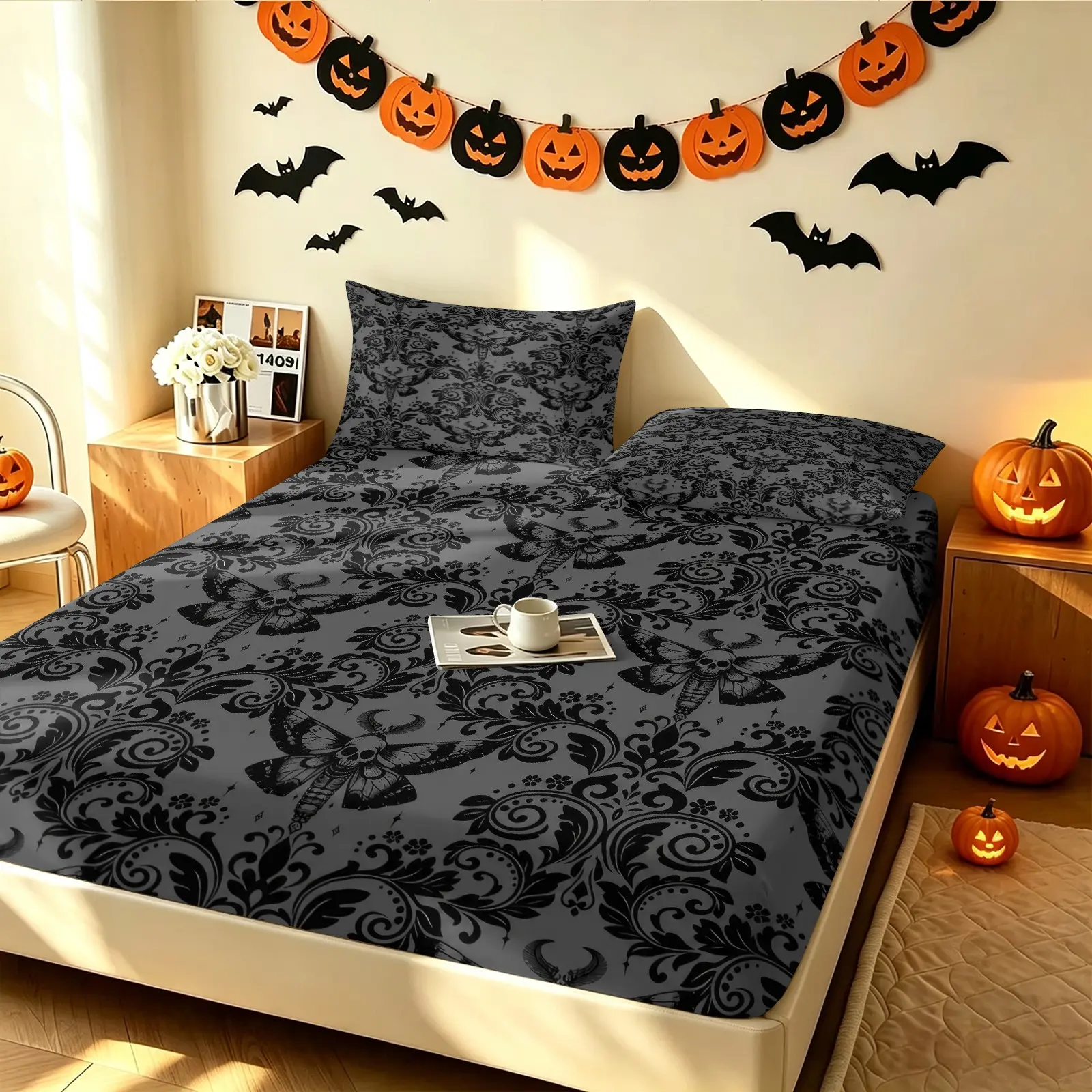 Vintage Gothic Dark Damask Print Fitted Sheet Set, 1 Fitted Sheet & 2 Pillowcase, No Filling Bedding Set, Deep Pocket Bed Sheets Set, Machine Washable for Teens Adults, Bedroom Dorm Halloween Home Decor, Decorative Bedsheet Sets