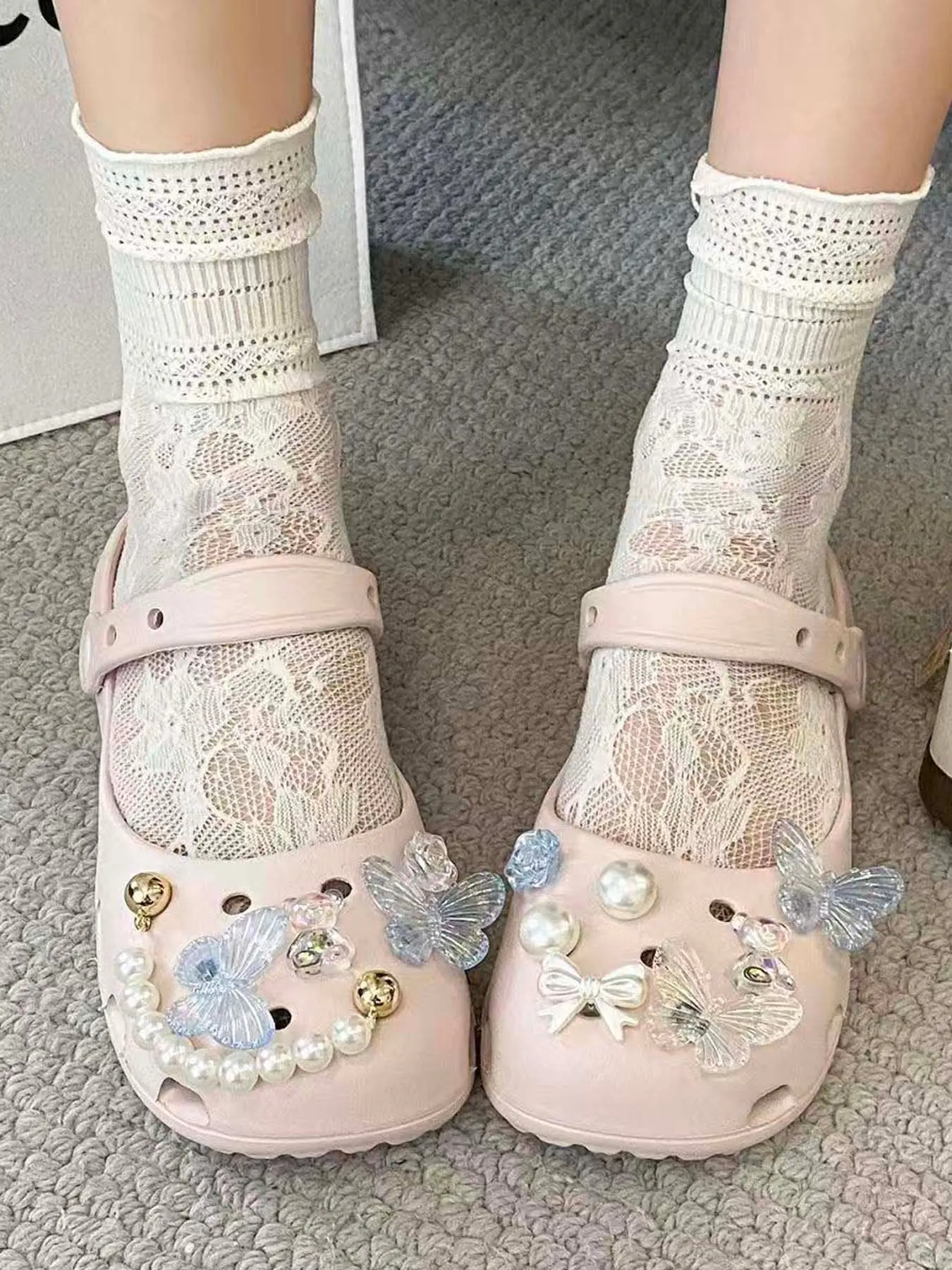 Cute Mary Jane Shoes for Girls, Summer Butterfly Pearl Chain DIY Accessories, Eva Soft Sole Flat Comfortable Commuter Garden Shoes for Women