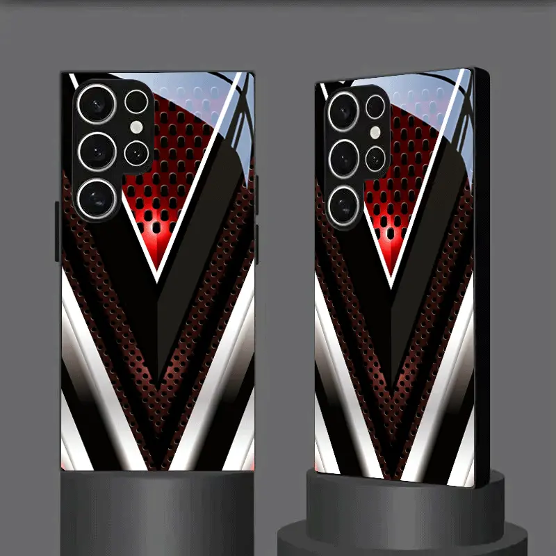 Phone Case - Red And Black Sharp Edge Perforated Array Pattern Tempered Glass Phone Case Black for Galaxy S26 S25 S24 S23 S22Pro S21 S20 Fe Plus Ultra Pro A56 A55 A54 A53 A52 A51 A36 A35 A34 A32 A26 A25 A24 A23 A16 A15 A14 A06 A05 A03s