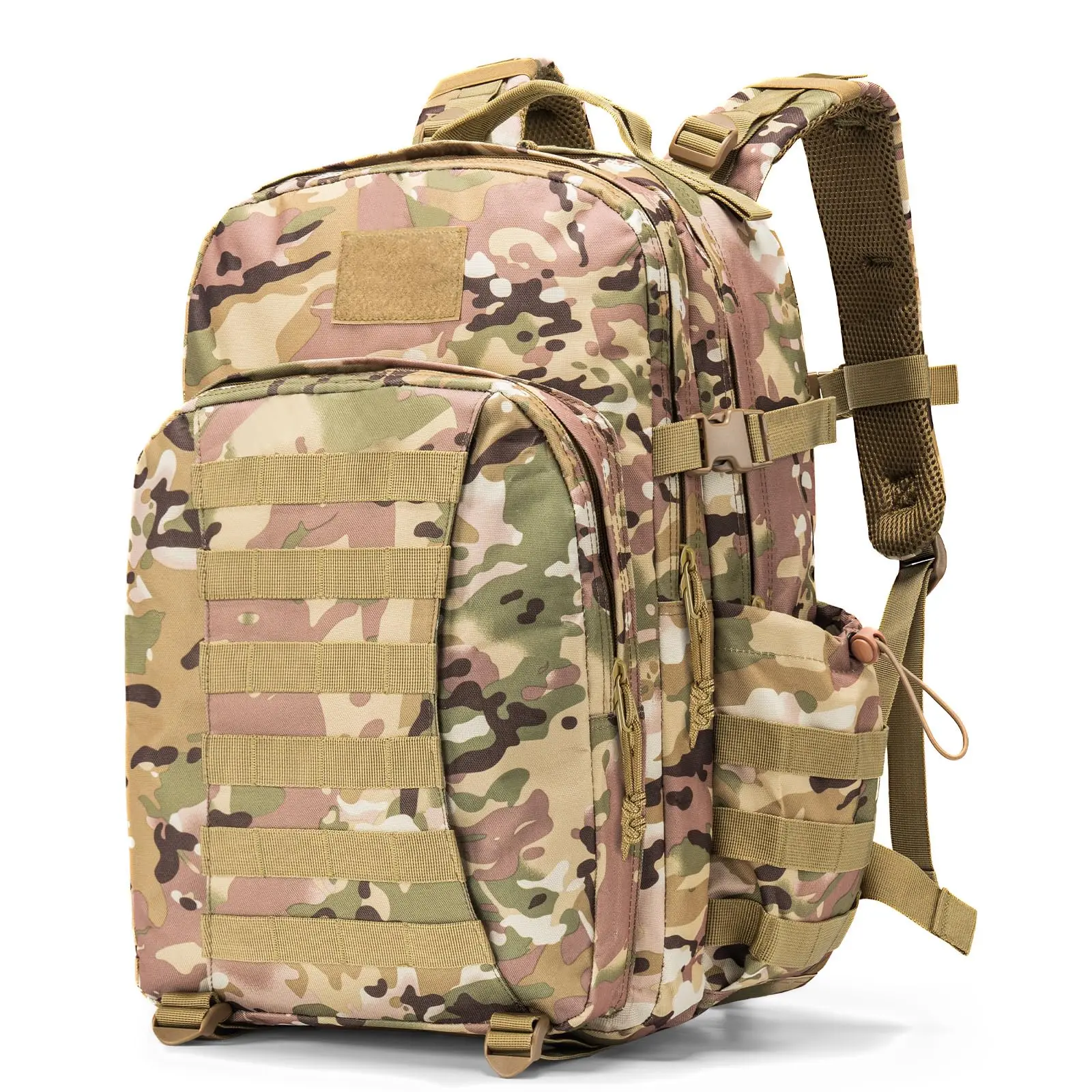 Unisex 40L Nylon Tactical Adventure Backpack with MOLLE Webbing, Breathable Mesh Padded Shoulder Straps, Adjustable Waist Belt, Water Bladder Compatible Outdoor Daypack for Hiking, Camping, Nylon Fabric