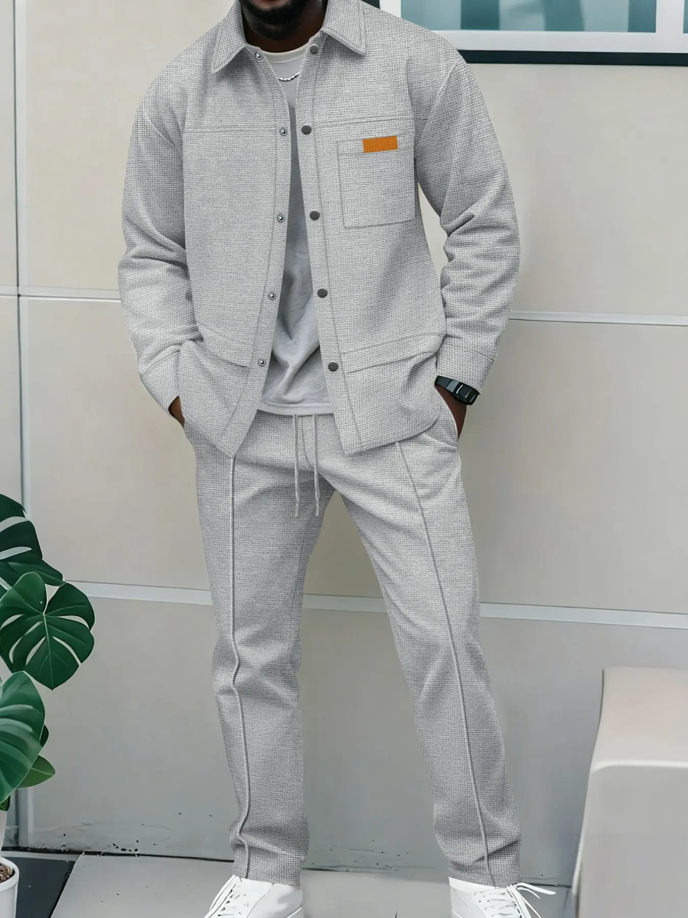 New Men's Waffle Texture Collar Workwear Two-Piece Set, Colorblock Pockets Long Sleeve Button Jacket, Drawstring Straight Pants, Casual Daily Wear