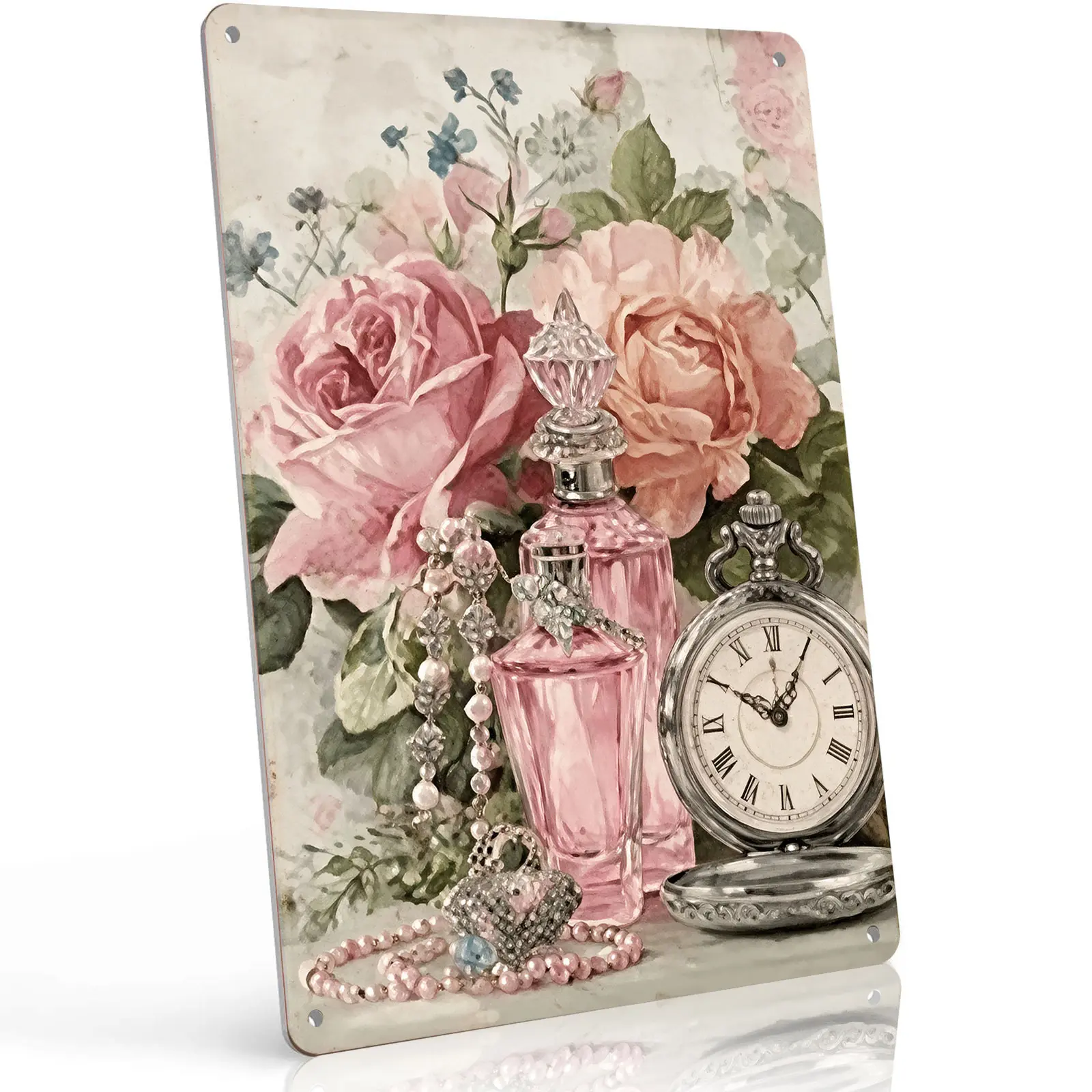 Vintage Floral Rose Pocket Watch Perfume Bottle Metal Tin Sign 8x12 Inch Shabby Chic Romantic Wall Art Plaque Retro Wall Decor for Bedroom Bathroom Cottage Home Wall Hanging Gift