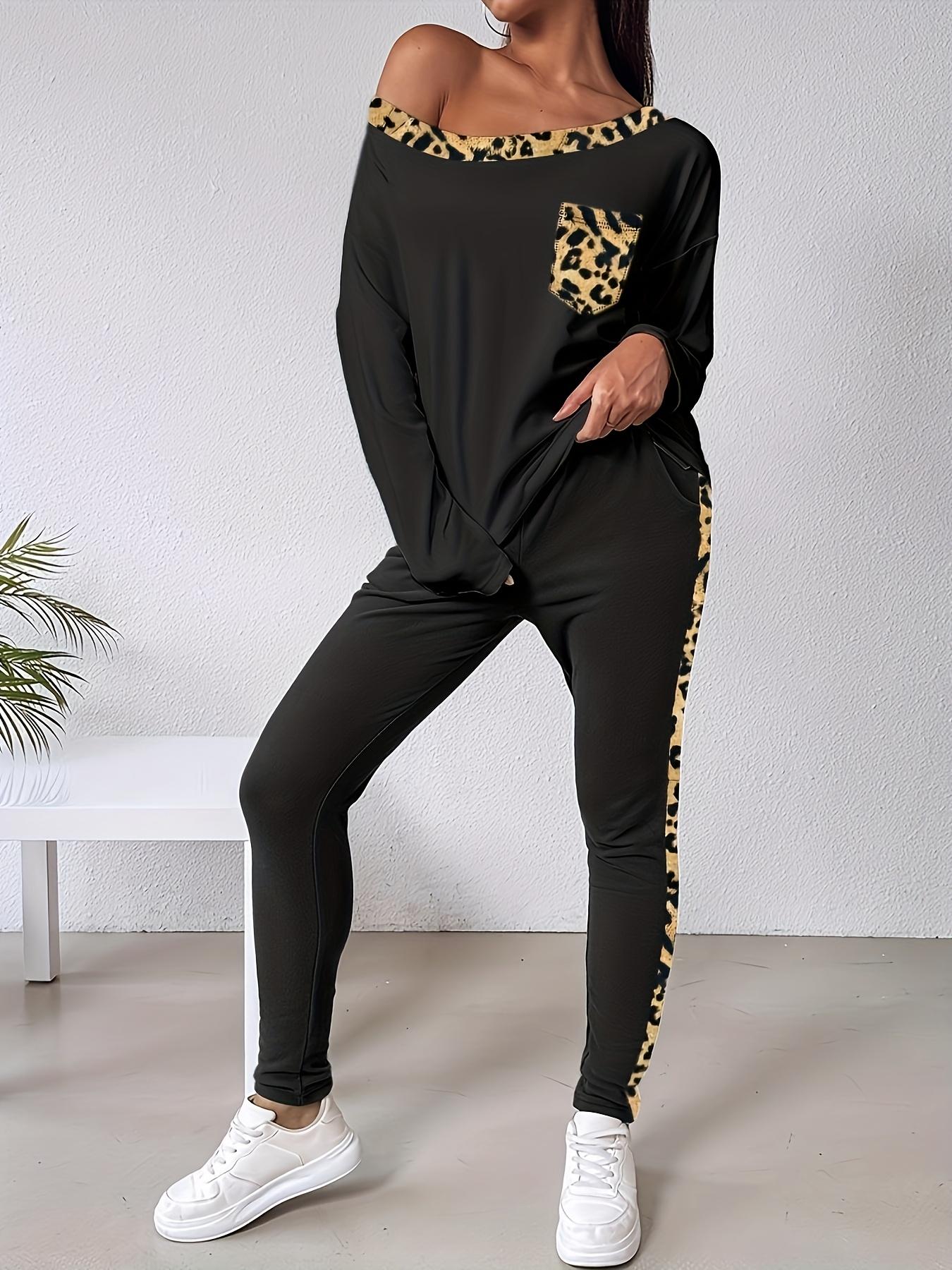 A 2-piece set outfit of women's fashionable fitted slanted shoulder collar leopard print long sleeved shirt and lace up drawstring pants, suitable for daily versatile occasions and home sports wear