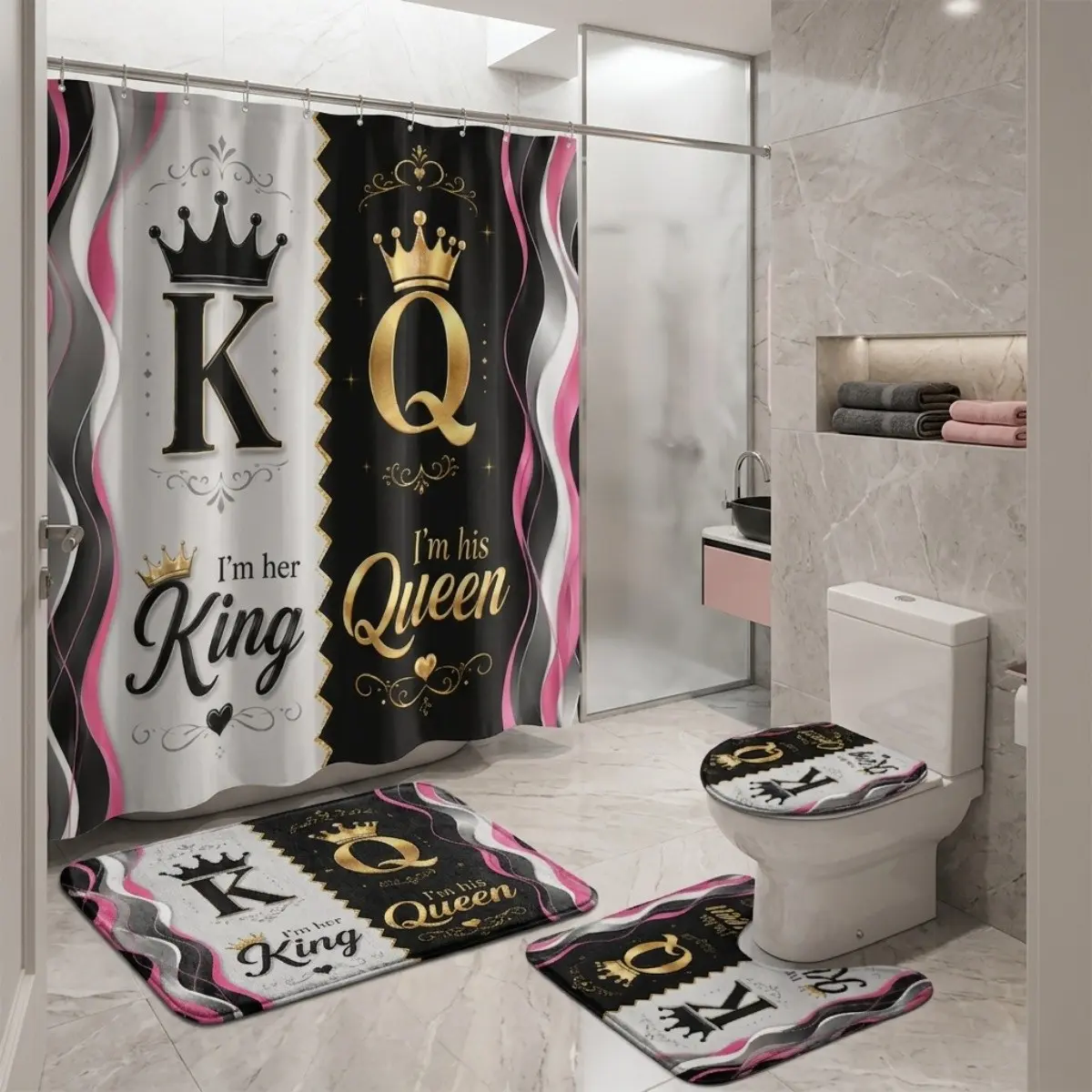4pcs King and Queen Bathroom Decor Set, Romantic Crown Pattern Shower Curtain Sets, Toilet Seat Cover, Rugs, Valentine's Day Gift