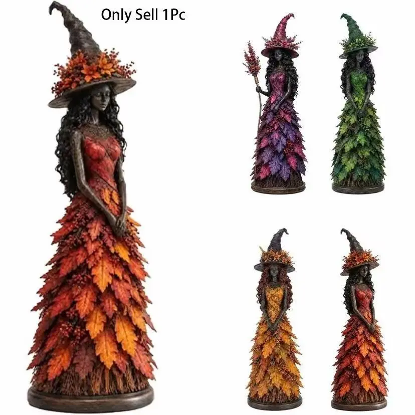 Magic Autumn Witch Statue, Halloween TabletopDecoration, Resin Witch Figurine with Leaf Robe,Seasonal Fireplace Ornament, Home Decor