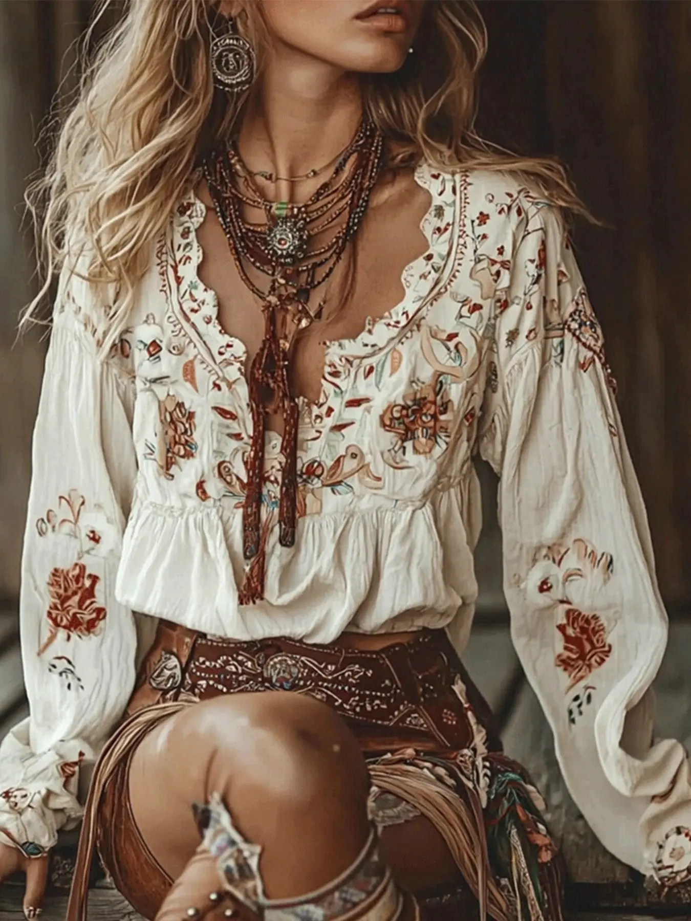 Women's Long Sleeve Peasant Top Blouses, Vintage Boho Floral Print, Scalloped V Neck, Tassel Tie Waist, Soft Crinkled Fabric, Spring Fall
