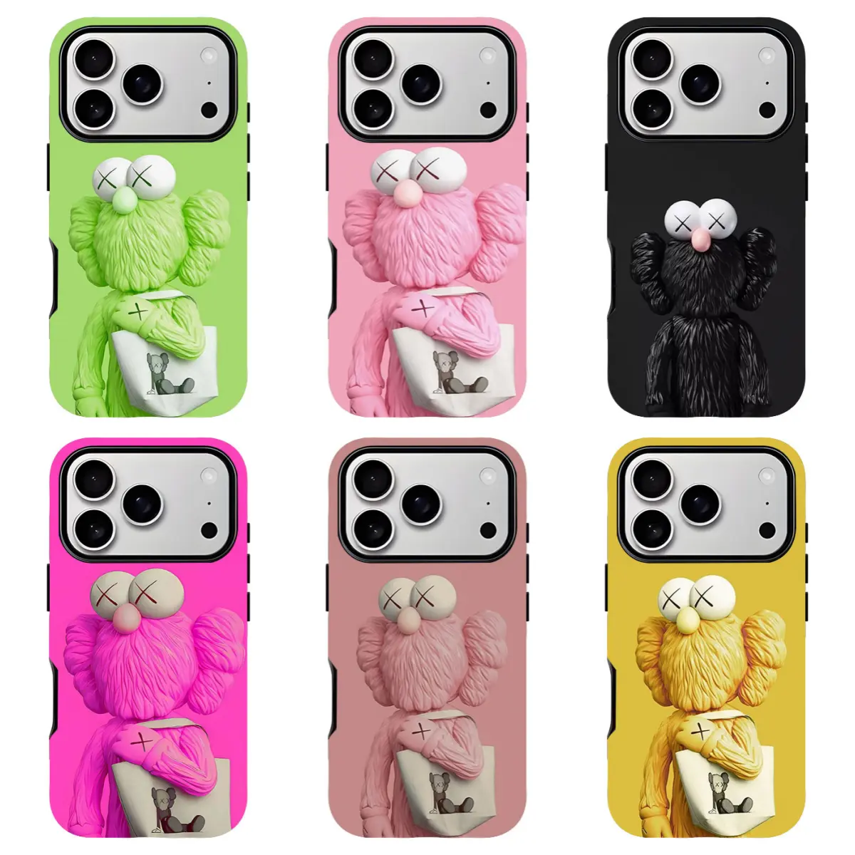 Kaws popular soft case phone case, featuring multiple colors and Kaws character designs, shockproof and protective, compatible with iPhone 11–17 Pro Max/Plus series and Samsung Galaxy S23–S25 series, stylish street-style phone case.