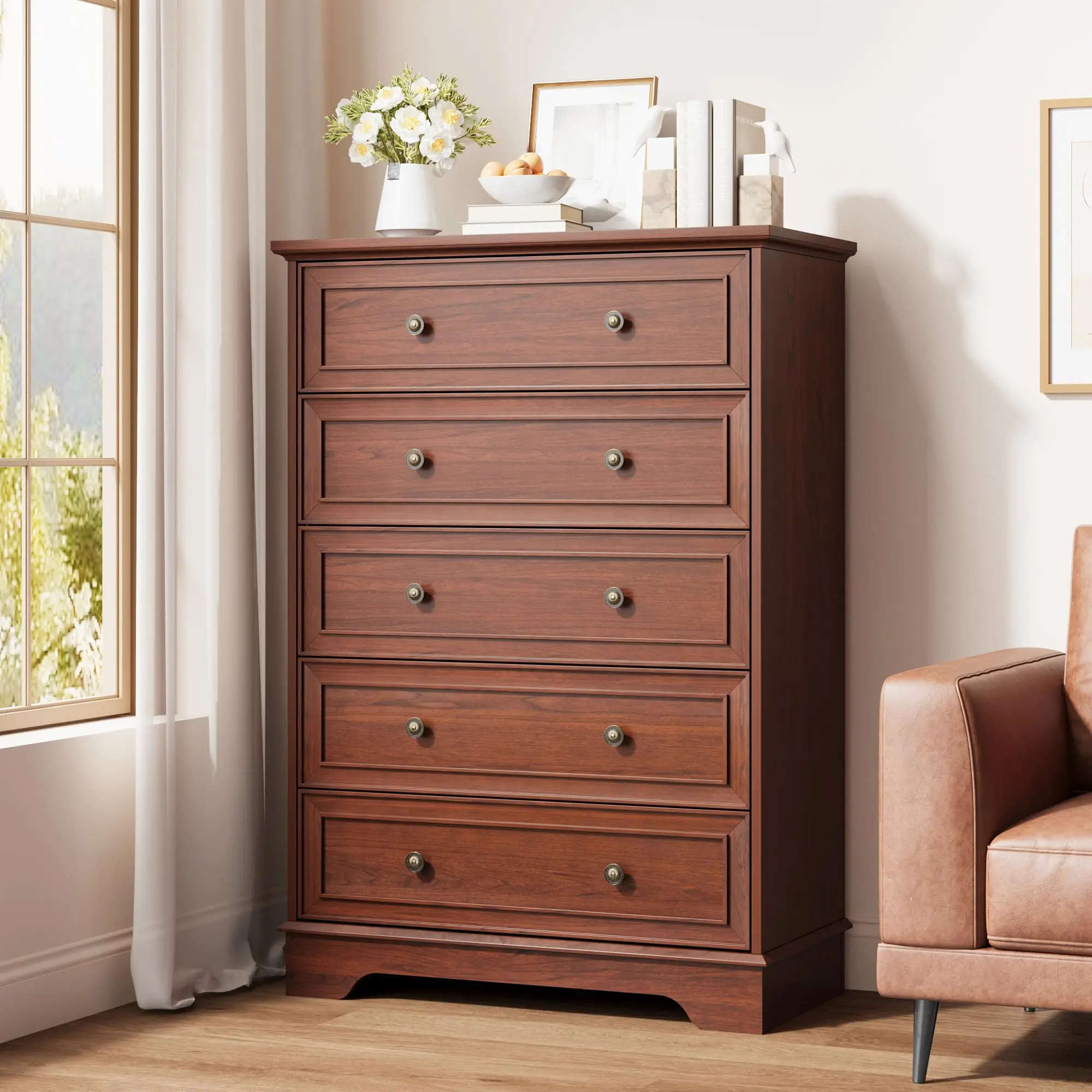 Farmhouse 5 Drawer Dresser for Bedroom - Vertical Chest Cabinet with Ample Storage - Tall Organizer for Living Room or Hallway - Gray Oak, Washed Gray