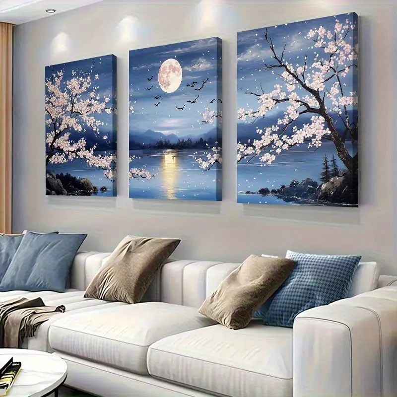 For The Cherry Blossom And Moonlight Scenery 3-Piece Canvas Wall Art - Framed, Ready To Hang - For Living Room - Perfect Gift For Housewarming Christmas New Year - Wall Decor, Home Decoration
