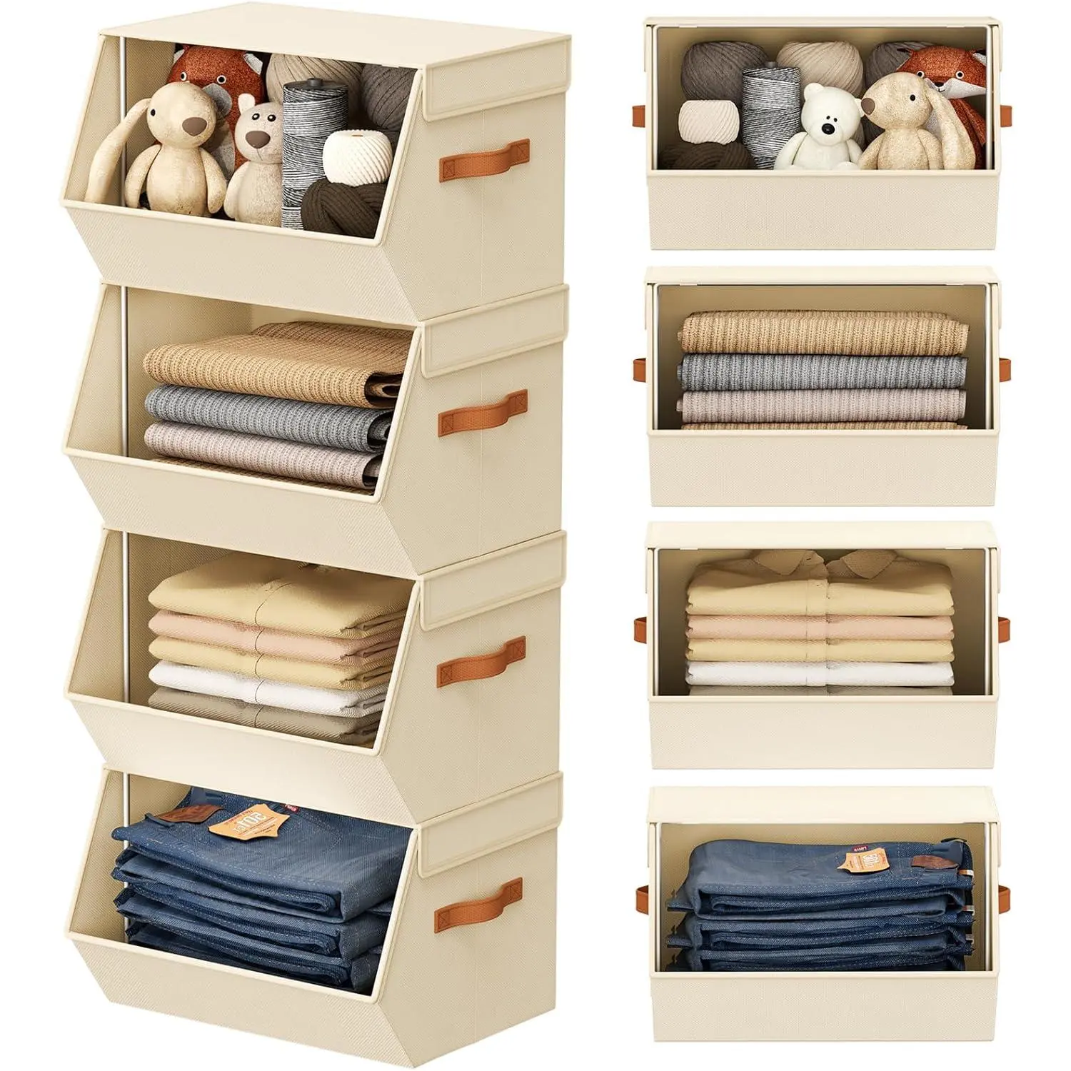 Stackable Closet Organizers and Storage Bins, Open Front Closet Shelf Organizer System With Steel Frame, Clothes Storage Basket Fabric, Collapsible Closet Drawers for Wardrobe,  ,, 4 Pack