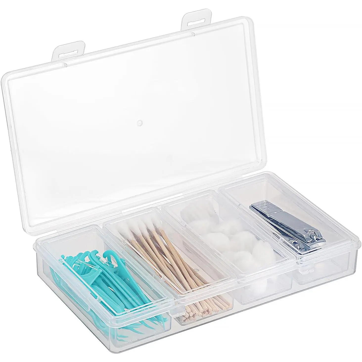 Plastic Qtip  Swab Travel Case Hair Accessories Holder, 4-Slot | 4 in 1 Compact Storage Organizer for Hair Rope, Clear Floss Sticks Case with Lid, Small Travel Container Hair Tie Box