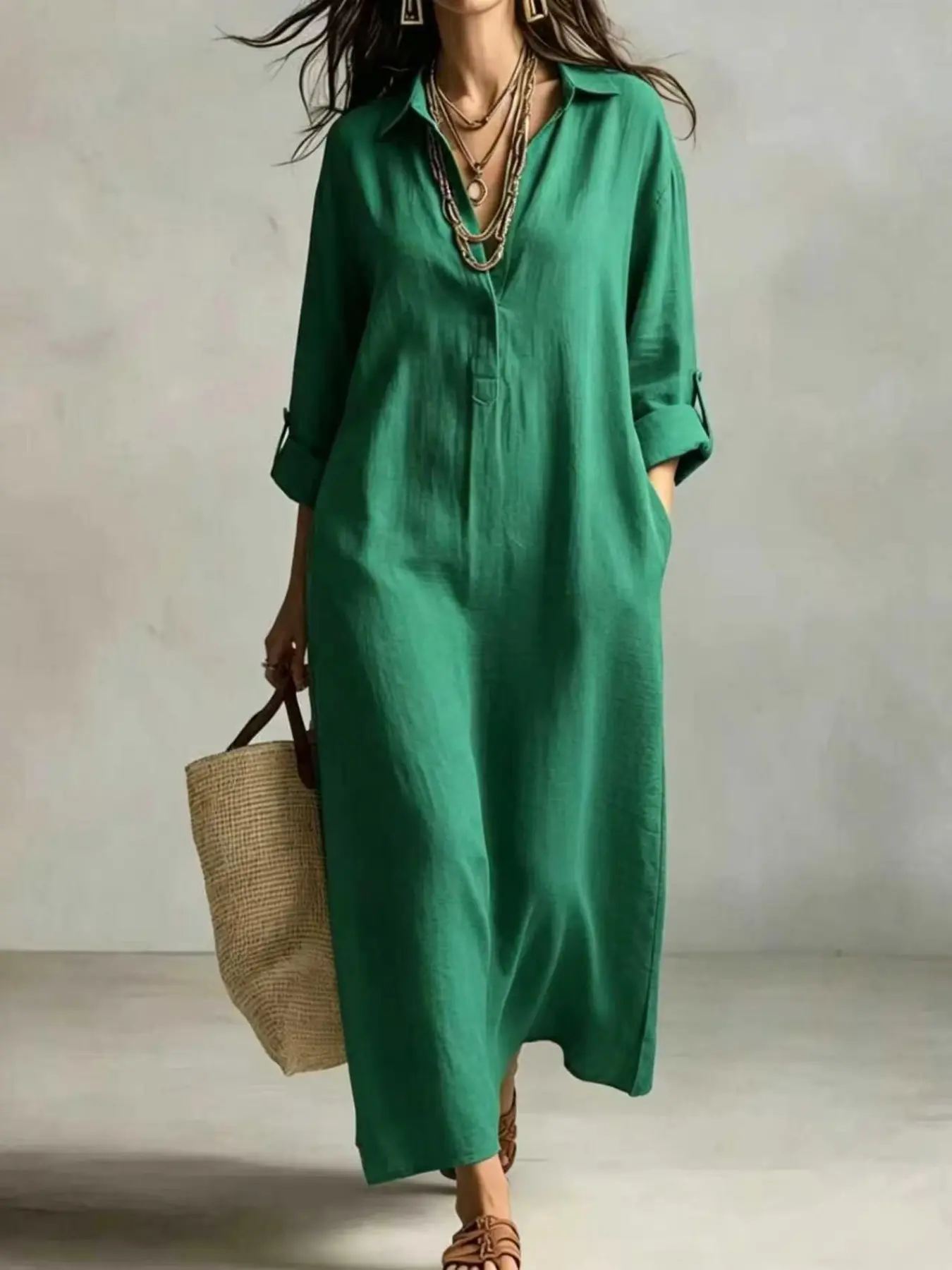Women's Midi Dress, Casual Plain Design, Side Slits & Pockets, Ideal for Travel & Daily Wear, Lightweight Summer Style