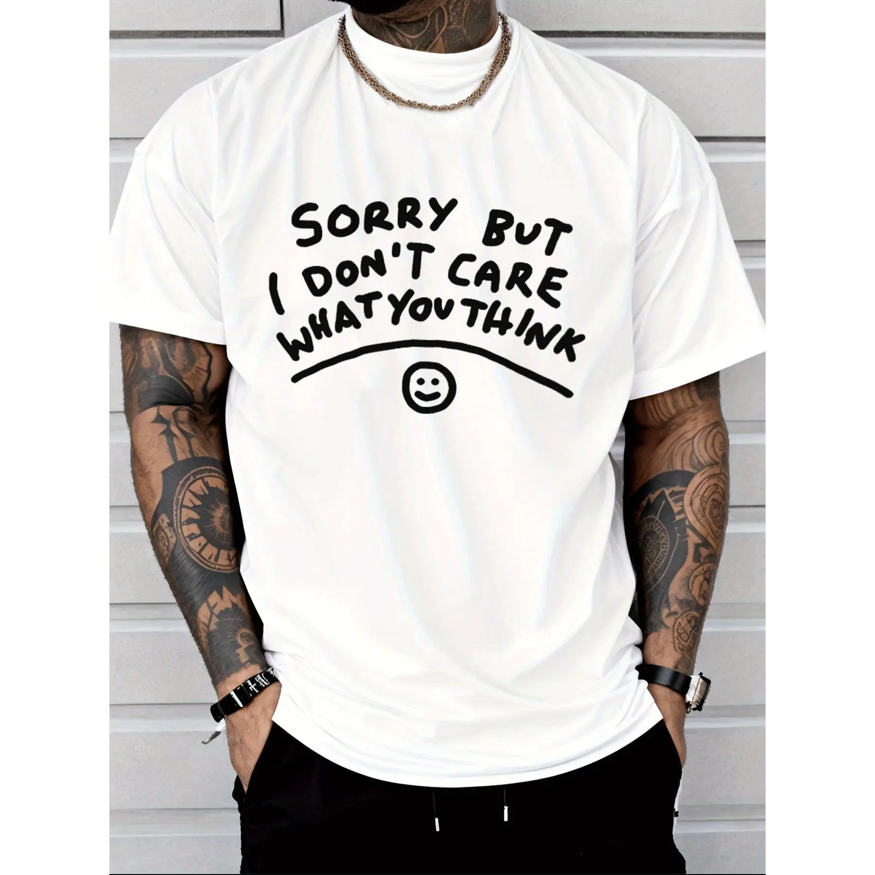 [Joyful Face Graphic T Shirt] Sorry But I Don't Care What You for THINK Text Print Joyful Face Graphic Crewneck Short Sleeve T Shirt Men's Fashion Casual Street Style Trendy Adult Men Summer Daily Wear Outfit