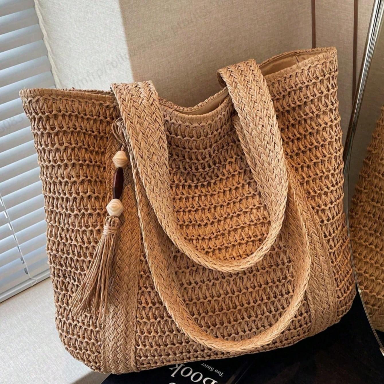 New Fashionable Versatile Tote Bag, Beach Vacation Bag, Lightweight Elegant Design Straw Woven Boho Style Shoulder Bag, Handbag, Large Capacity, Suitable For Women, College Students, Teenagers, With Tassel Pendant, Summer Straw Beach Bag For Women, Vacat