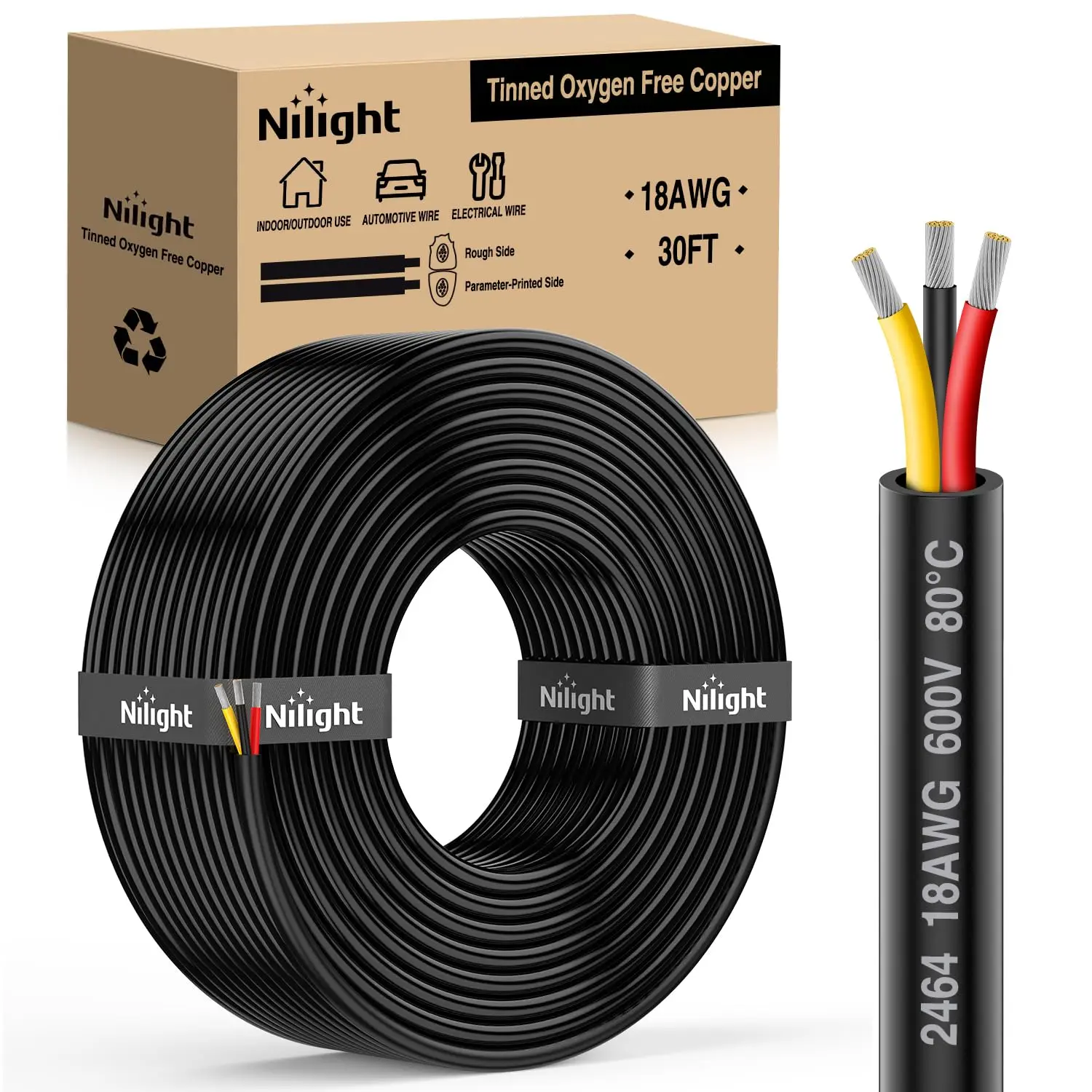 Nilight 30FT 18AWG 3 Conductor Electrical Wire Tinned Oxygen Free Copper Red Black Yellow 3 Wires Parallel 600V DC Flexible PVC Case Extension Cords for LED Strips Lamps Lighting, No, Heat Shrink Tube, Anti-Oxidation, Cable Tie, Led Light Strips, Outdoor