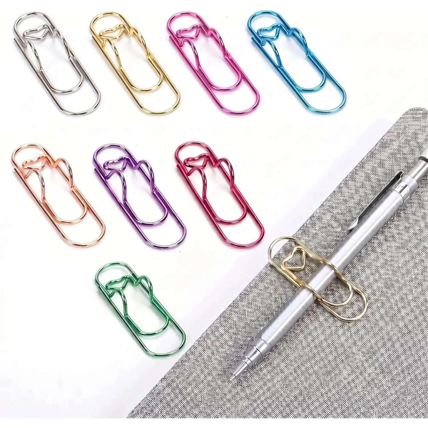 8 count Heart Shaped Pen Clips, Multifunctional Metal Paper Clip Pen Holder for Notebook, Planner, Journal, Colorful Cute Pen Clip Accessories for School Office Supplies, Fits Pens Under 0.5 Inch