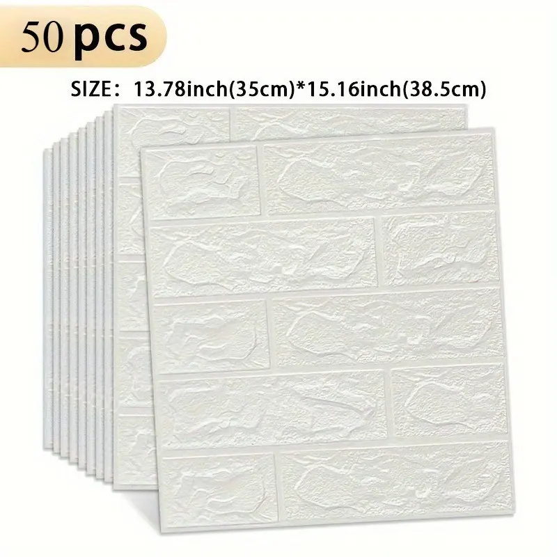 50pcs 3D Self-Adhesive Foam Brick Wall Stickers, Cuttable, Indoor Decor for Living Room, Bathroom, Kitchen, Interior Wall, Background Decoration, 38.5cm X 35cm